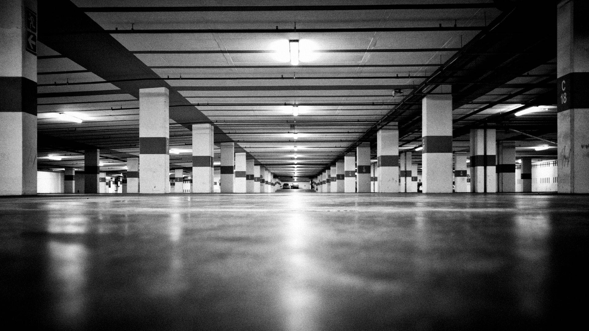 Garage, black and white, multi-level parking garage, Full HD Desktop Wallpaper
