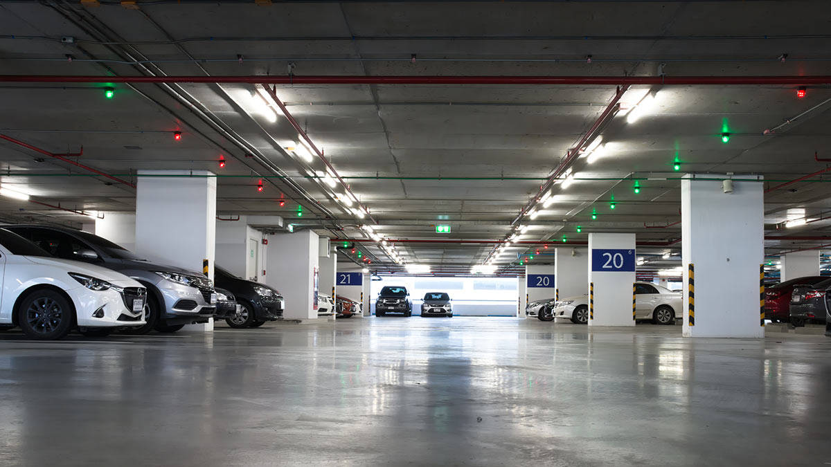 underground parking garage, polished concrete floors, fluorescent lights, SD Desktop Wallpaper