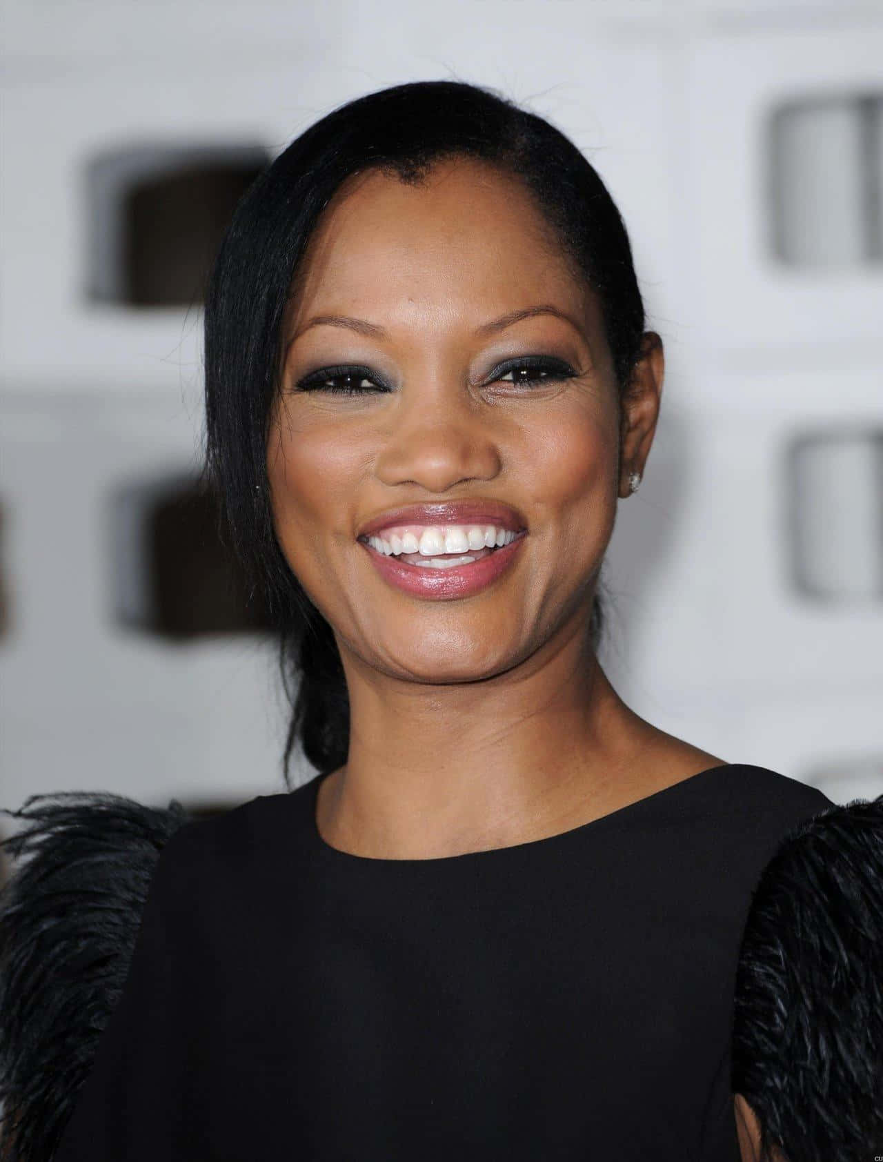 Garcelle Beauvais, black feathered dress, blurred geometric background, HD Phone Wallpaper