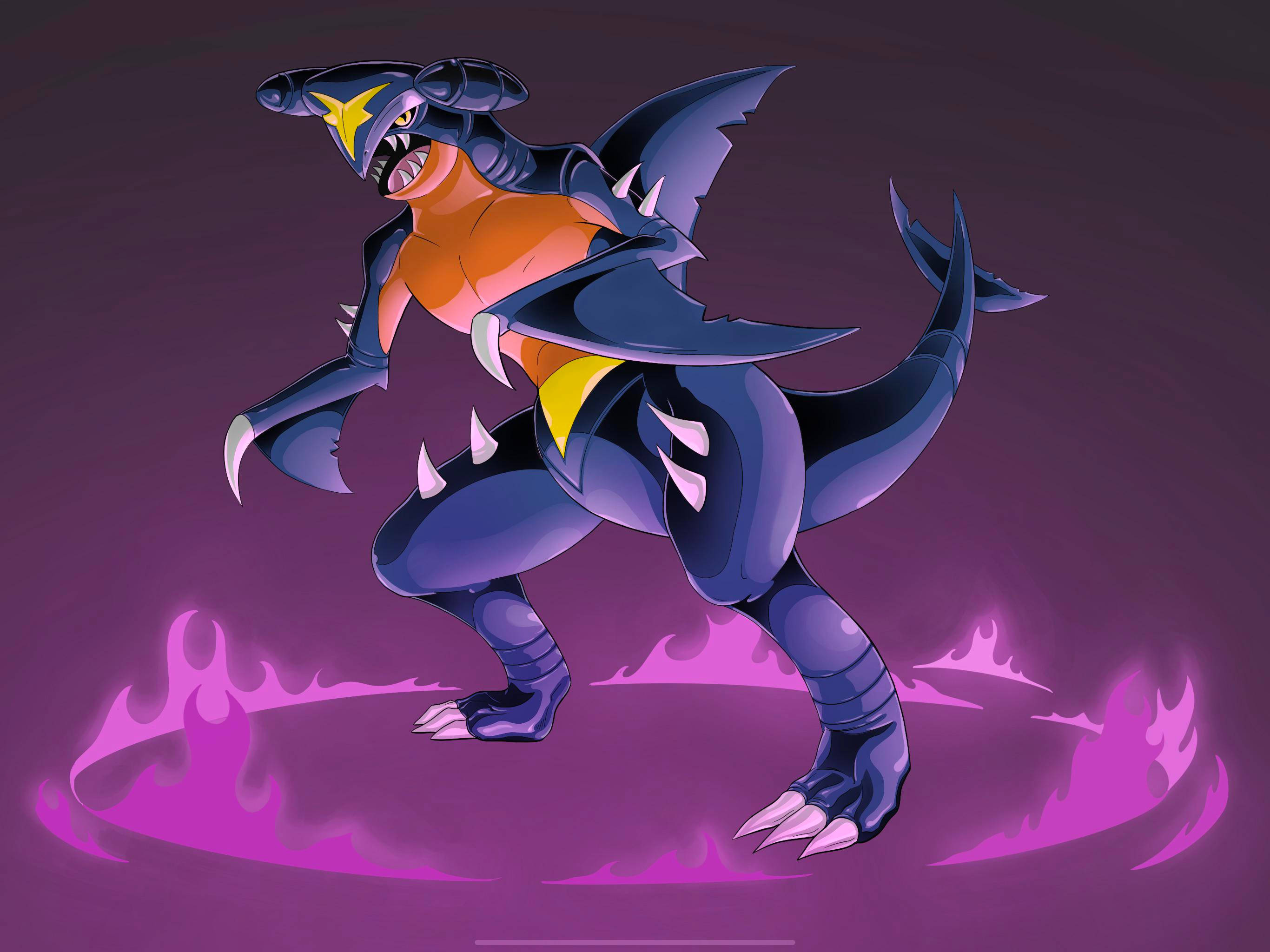 Garchomp, purple aura, dark blue and orange, 2K Desktop Wallpaper