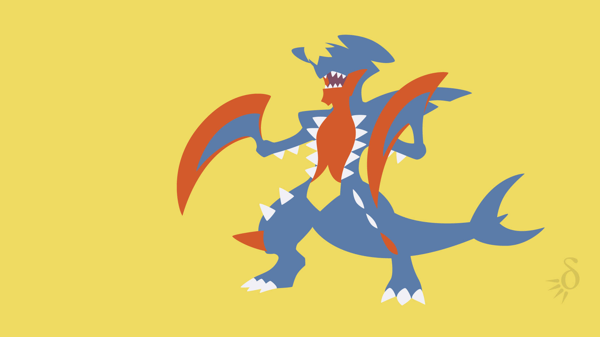 yellow minimalist garchomp, blue and orange dragon, sharp claws, Full HD Desktop Wallpaper