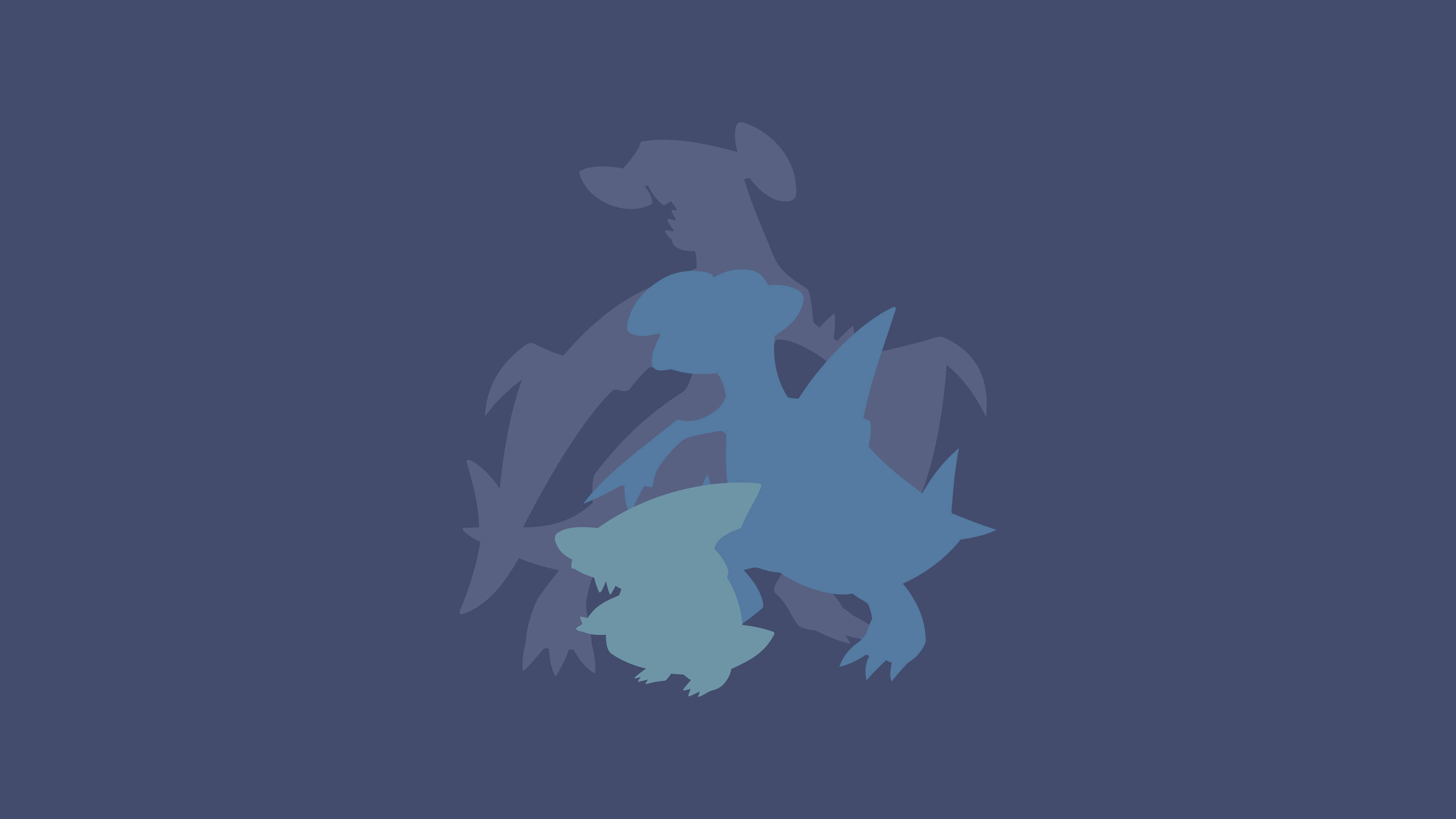 blue minimalist garchomp evolution, dragon-like creatures, three layered blue silhouettes, 4K Desktop Wallpaper