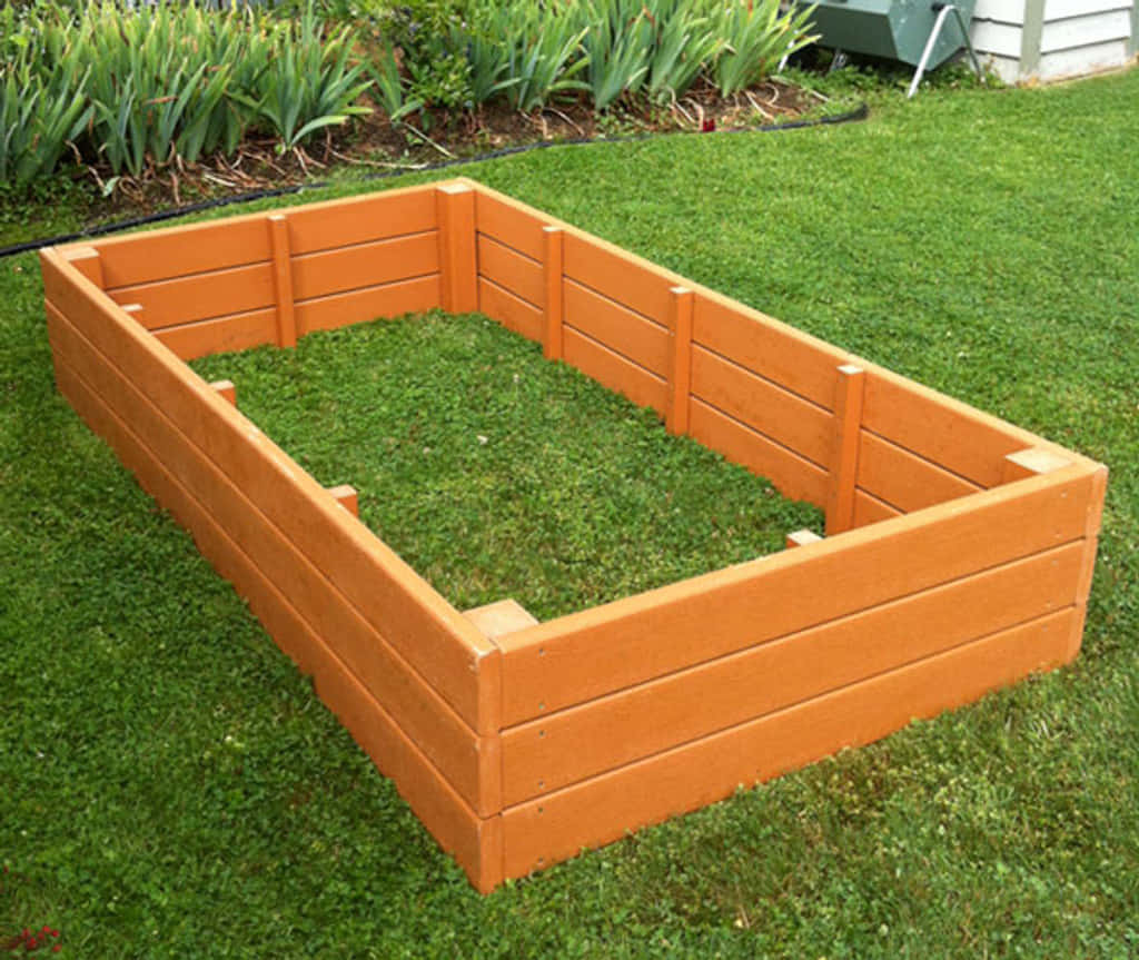 garden bed, bright orange wooden raised garden bed, lush green lawn, SD Desktop Wallpaper