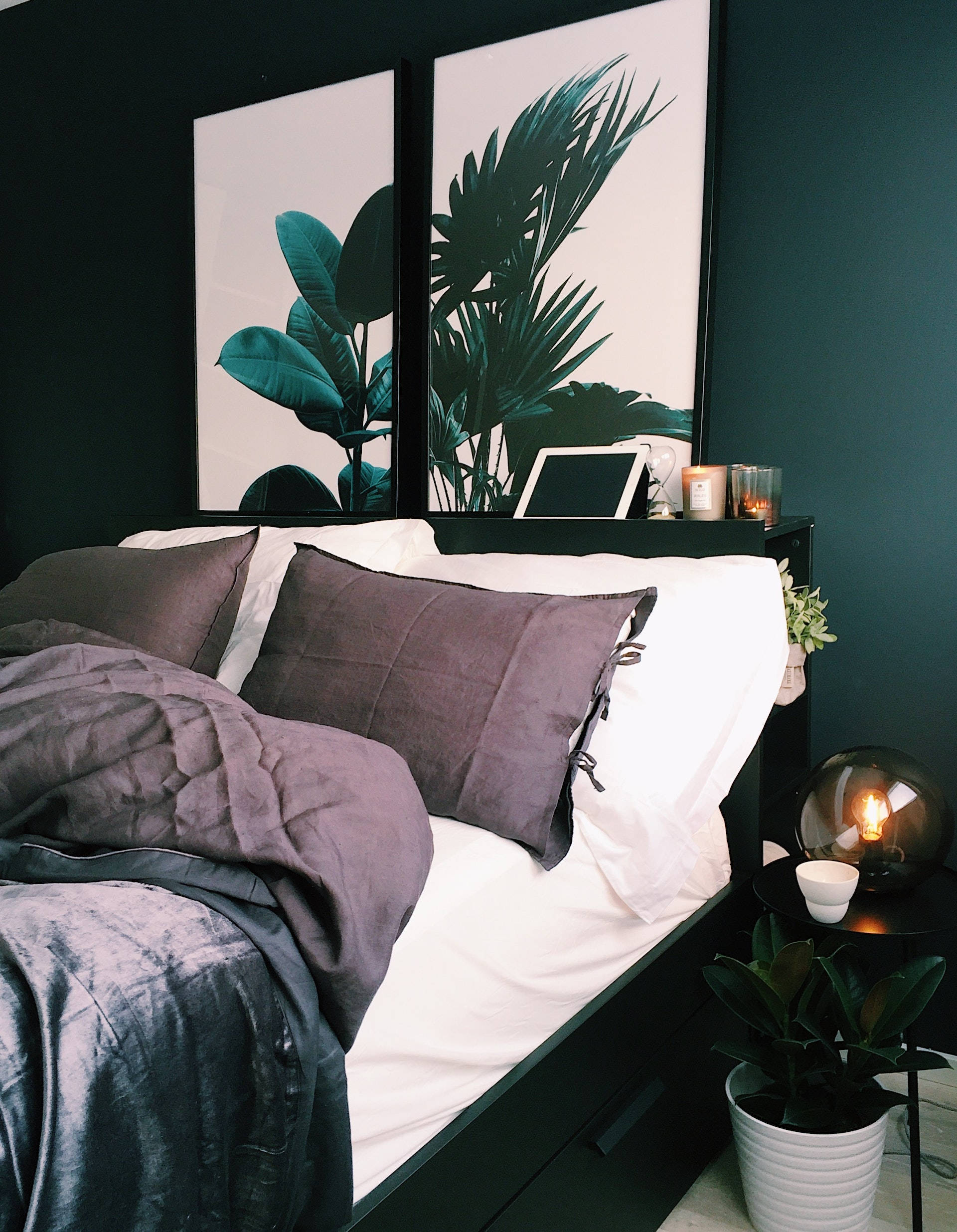 Plant Lover Bedroom, dark walls, gray linens, Full HD Phone Wallpaper