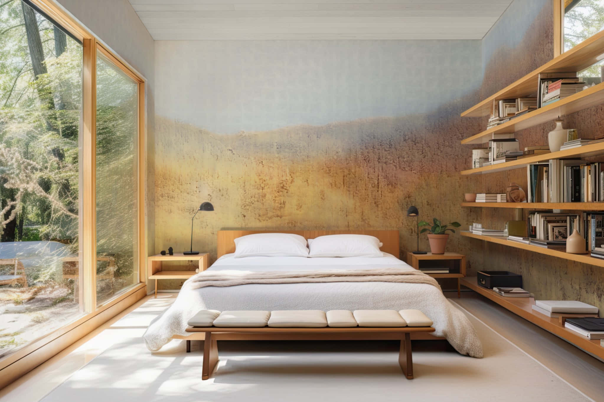 modern bedroom, calico wallpaper, forest view, Full HD Desktop Wallpaper