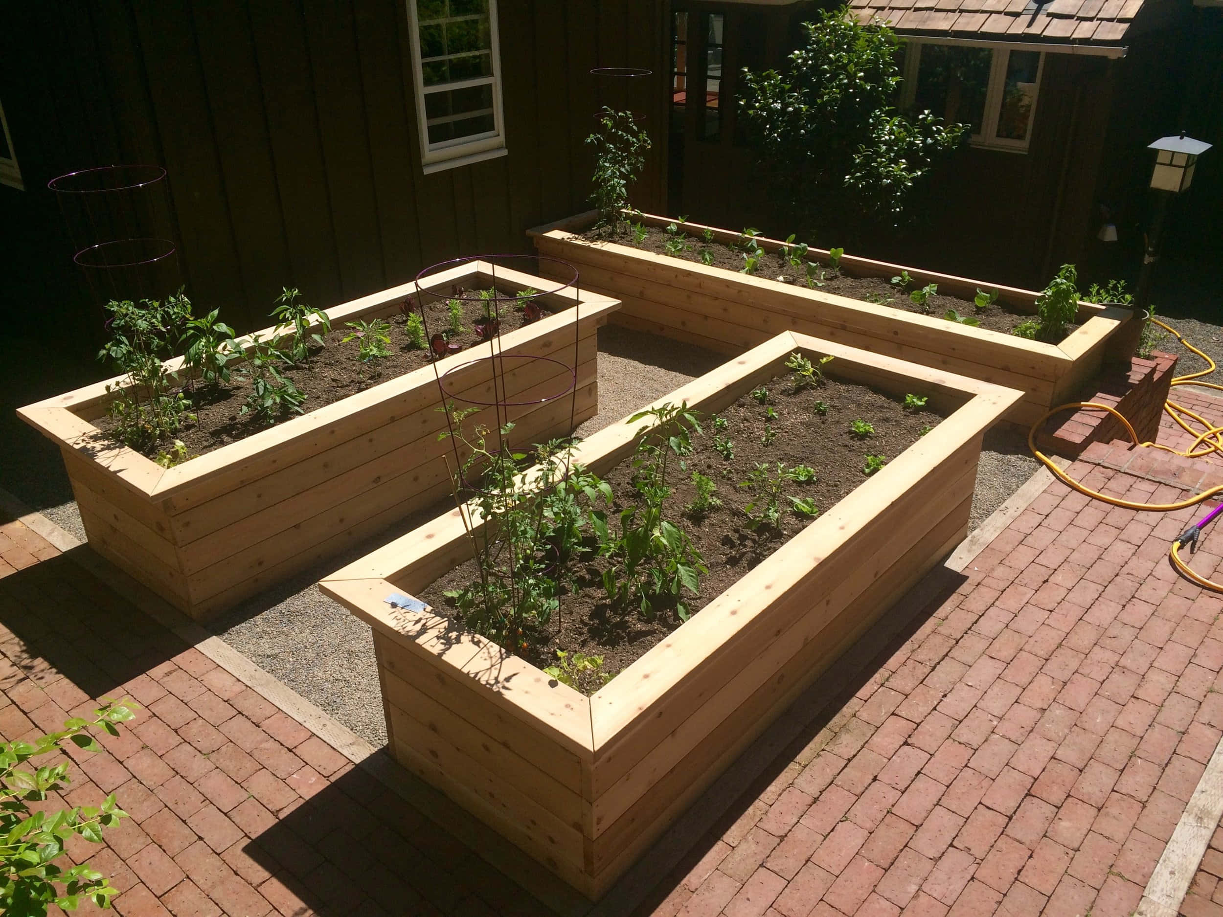 garden bed, wooden raised garden beds, red brick patio, Full HD Desktop Wallpaper