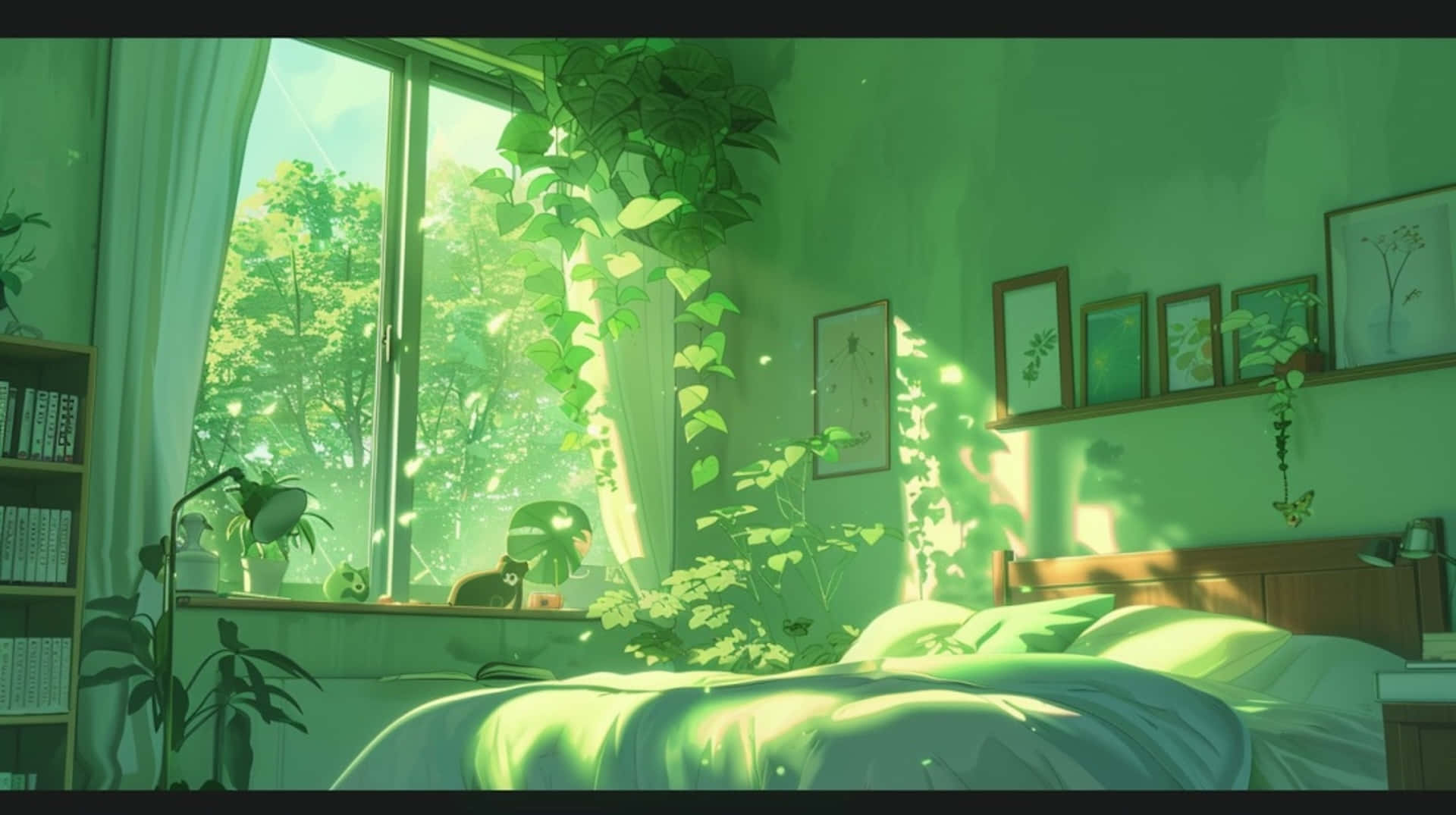 green aesthetic bedroom, sunlight, cozy bedroom, Full HD Desktop Wallpaper