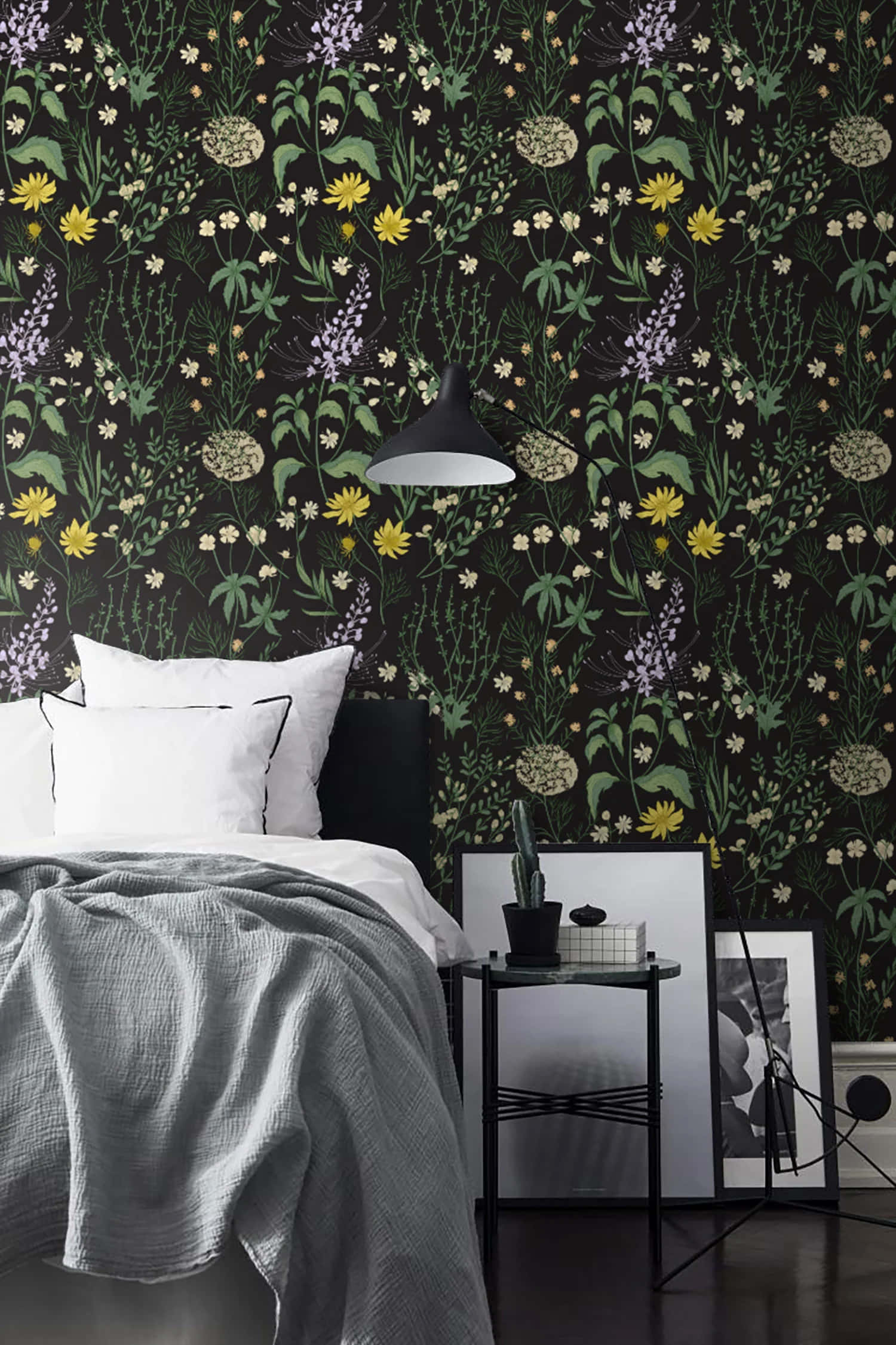 dark floral wallpaper, gray linens, yellow, Full HD Phone Wallpaper