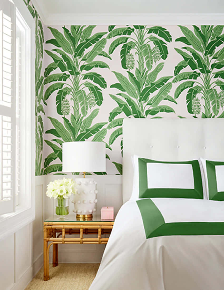 tropical bedroom decor, green banana leaf wallpaper, white bed, SD Phone Wallpaper