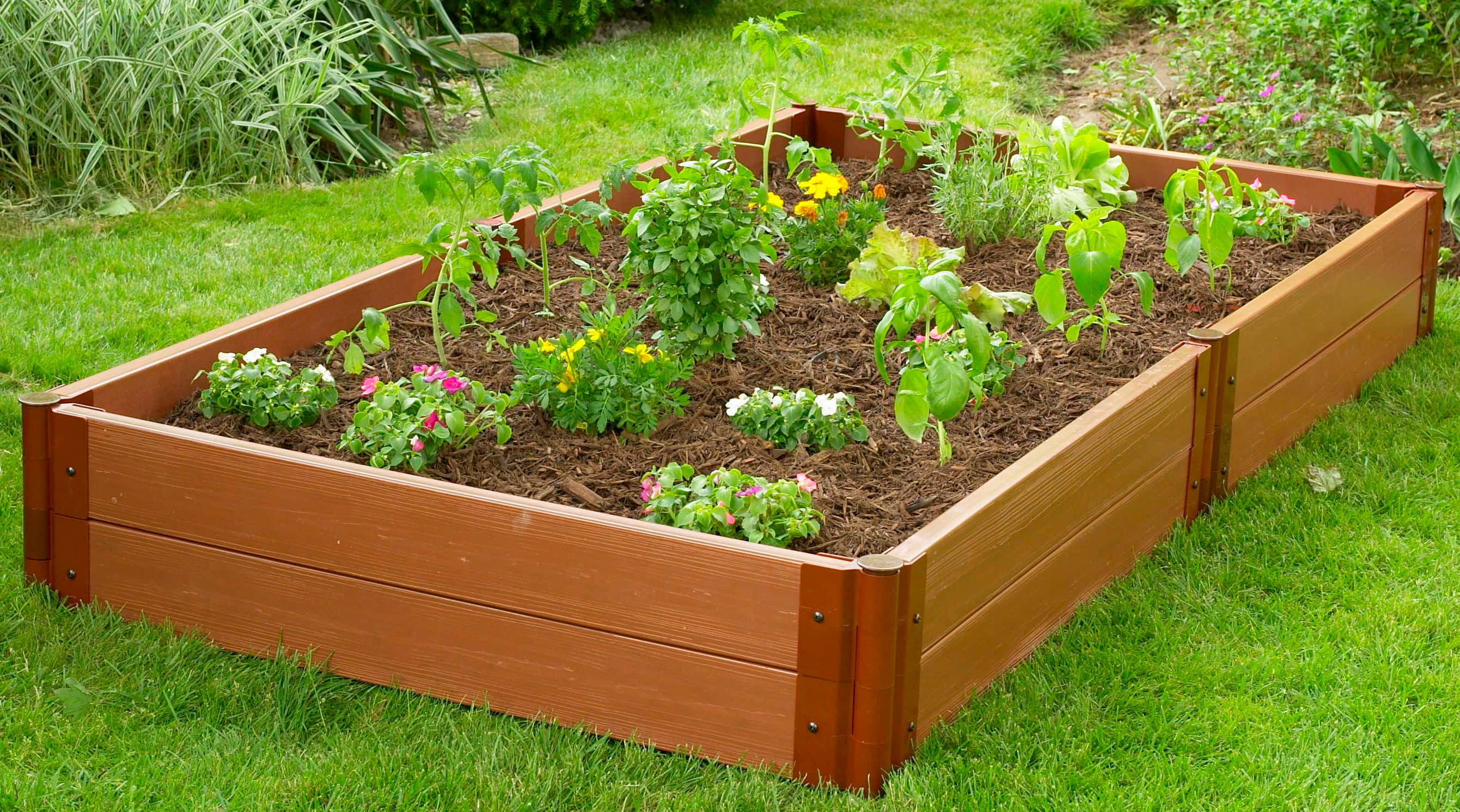 garden bed, wooden raised garden bed, lush green lawn, 2K Desktop Wallpaper