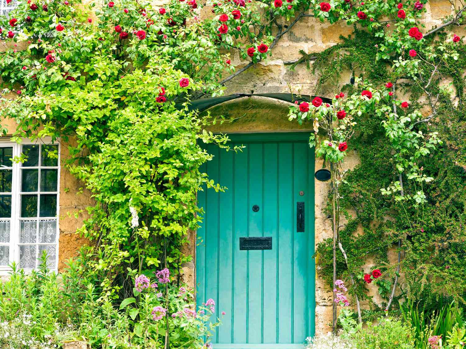 cottage garden, turquoise door, stone wall, HD Desktop Wallpaper
