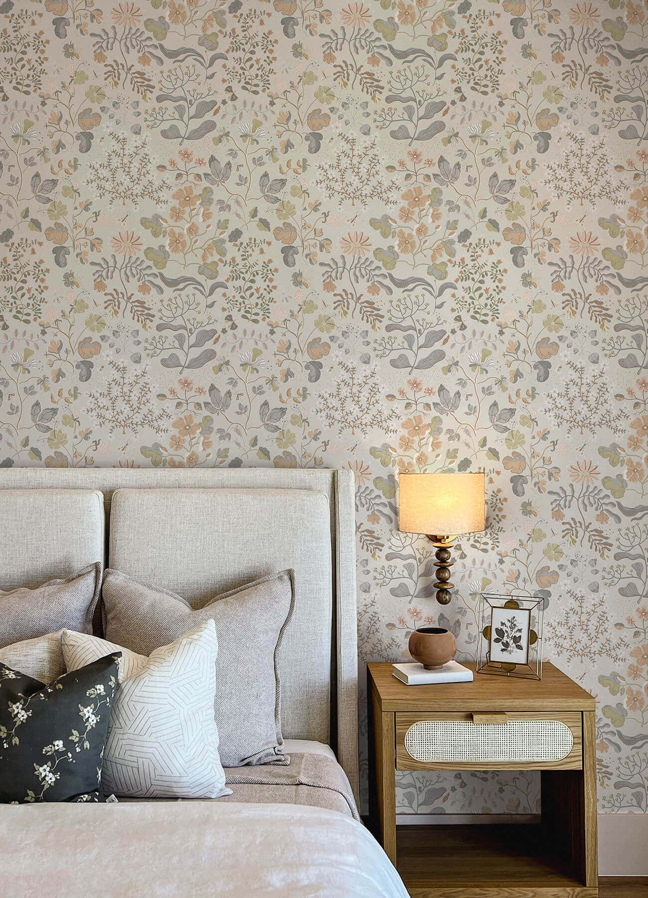 neutral floral bedroom interior, patterned pillows, floral wallpapered wall, HD Phone Wallpaper