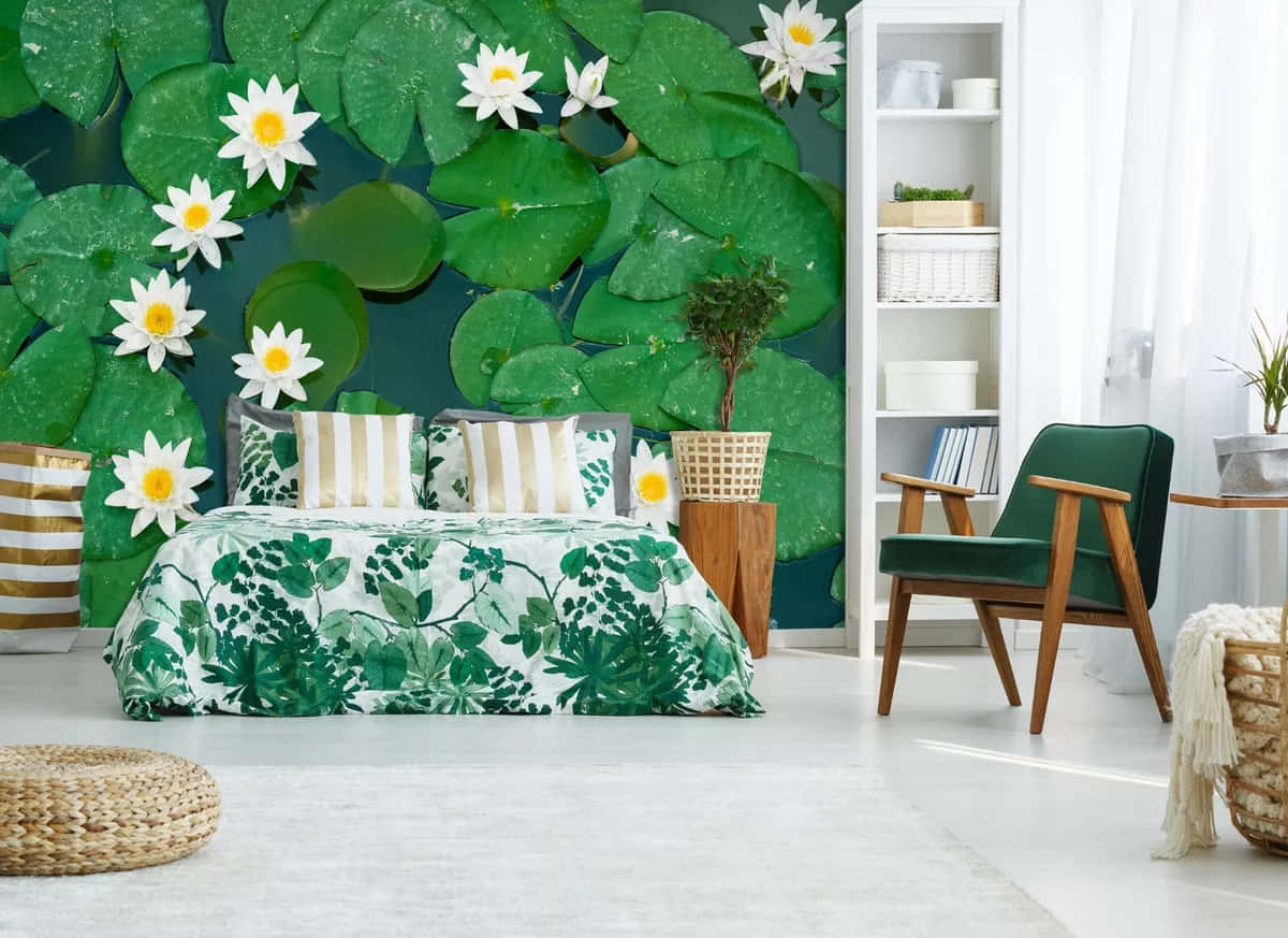 bed, green leaf-patterned bedding, vivid wall mural, SD Desktop Wallpaper