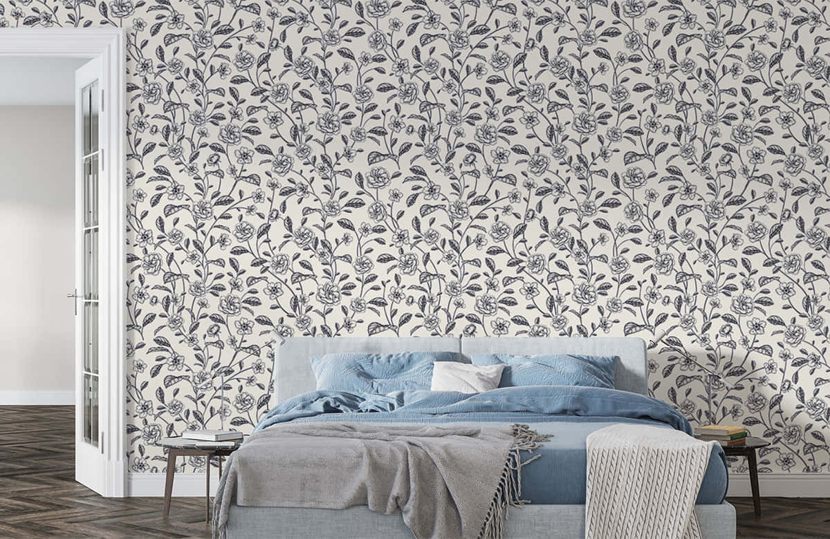 elegant bedroom floral wallpaper, blue bedding, intricate black floral wallpaper, SD Desktop Wallpaper