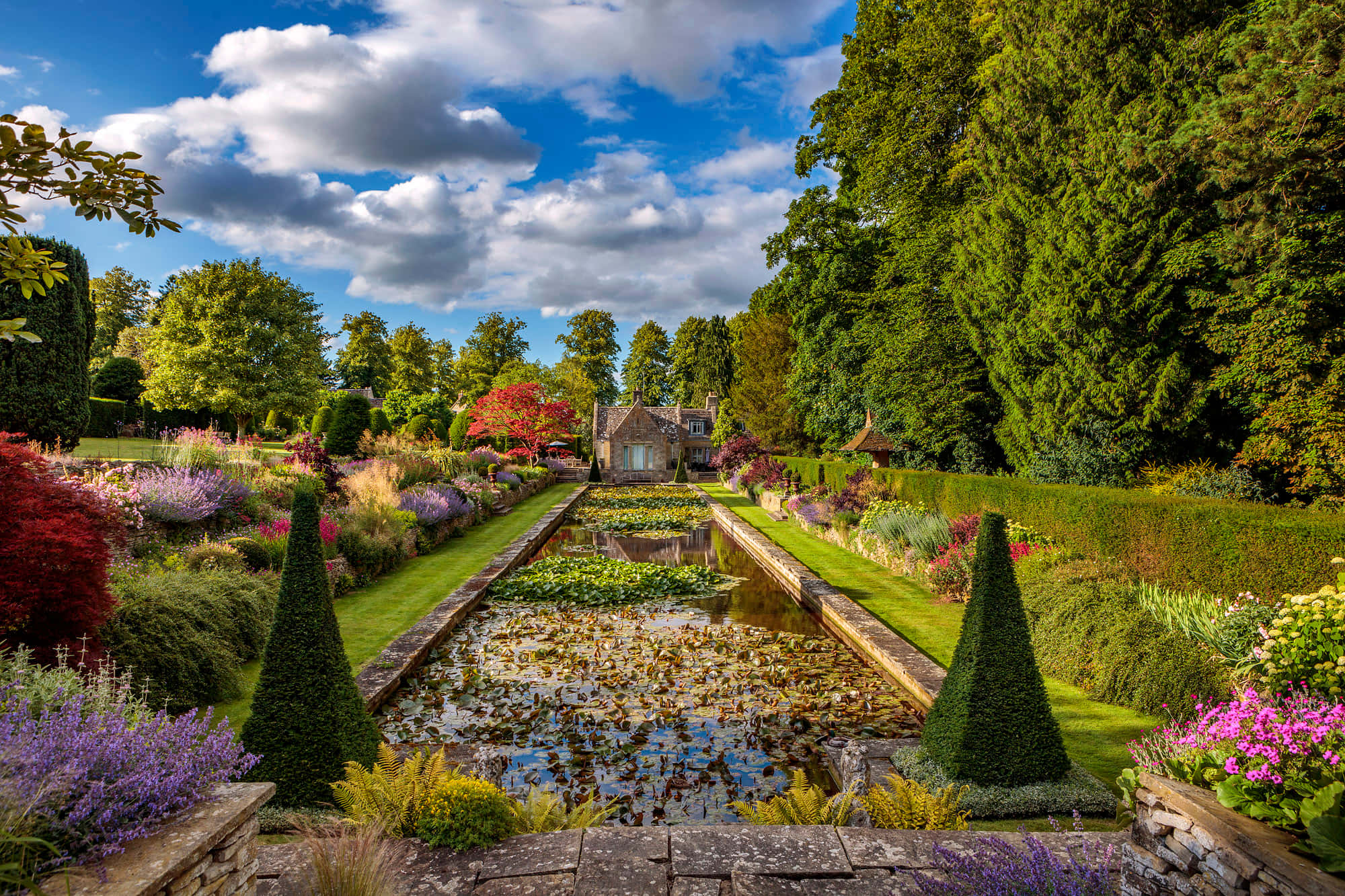 Garden Path, formal garden, water feature, Full HD Desktop Wallpaper