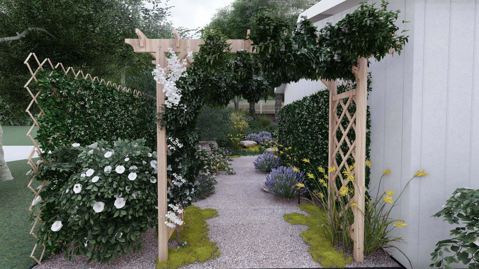cottage garden, wooden arbor, green vines, Full HD Desktop Wallpaper