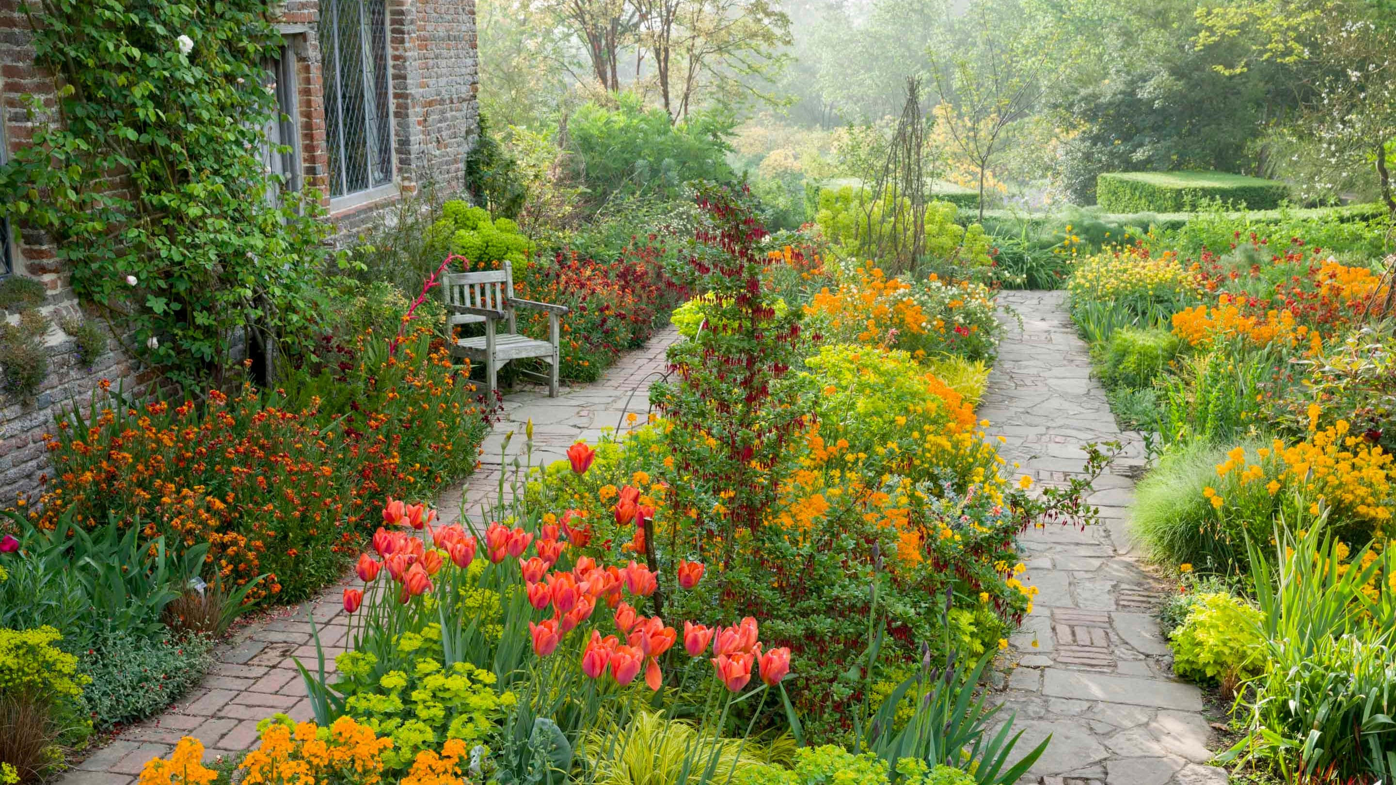 cottage garden, stone path, vibrant garden, 2K Desktop Wallpaper