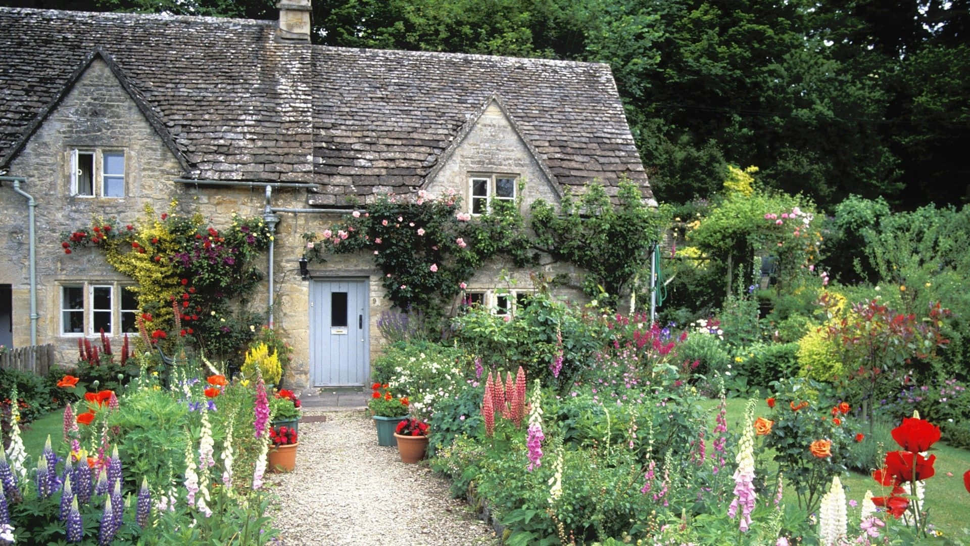 cottage garden, stone cottage, slate roof, Full HD Desktop Wallpaper