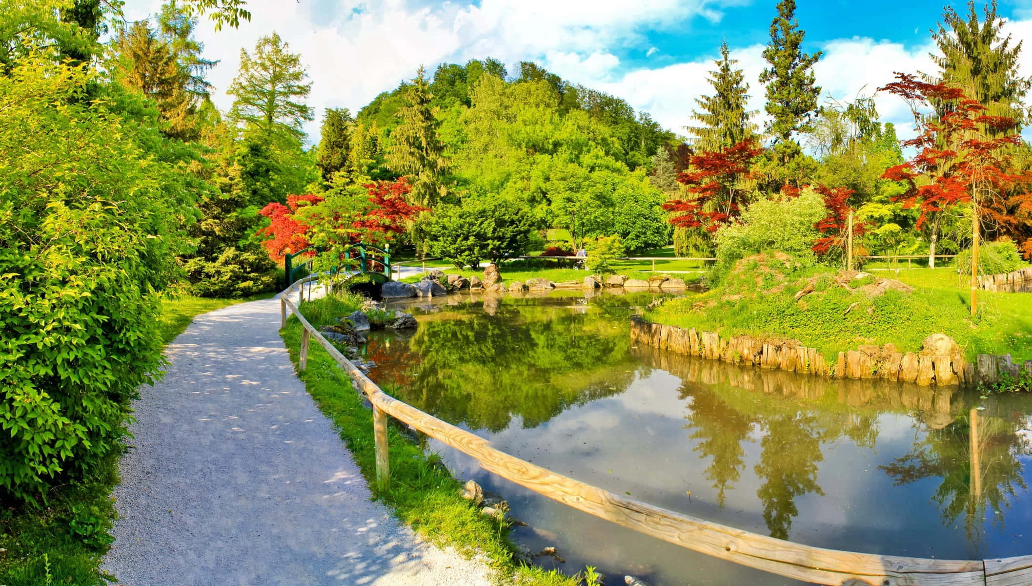 garden design, gravel path, pond, Full HD Desktop Wallpaper