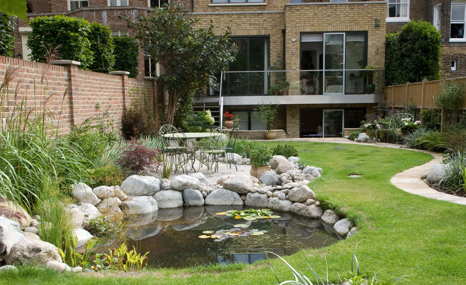 garden design, stone-edged pond, lily pads, Full HD Desktop Wallpaper
