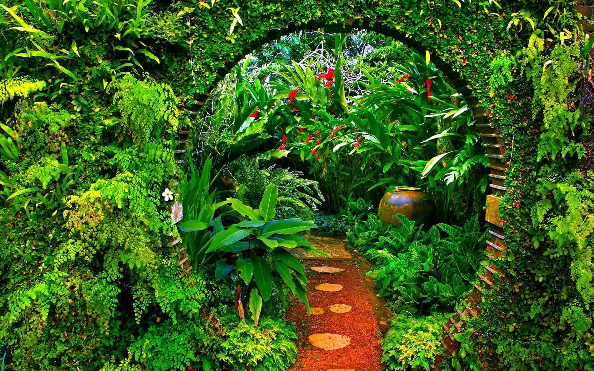 garden design, lush green archway, winding stone path, Full HD Desktop Wallpaper