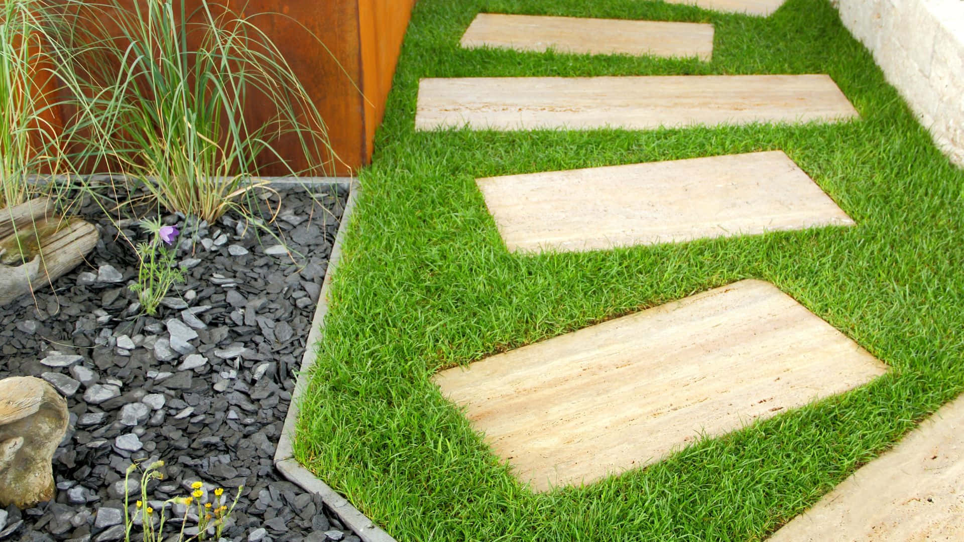 garden design, light beige stone slabs, vibrant green grass, Full HD Desktop Wallpaper
