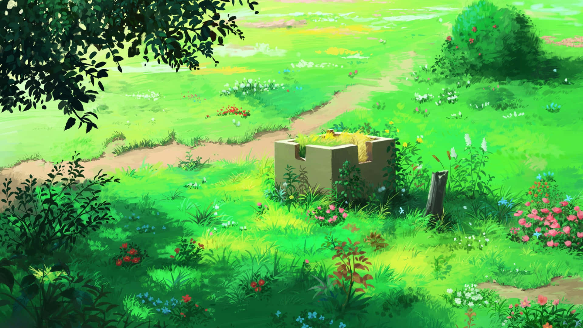 sunlit meadow, winding path, mossy stone structure, Full HD Desktop Wallpaper