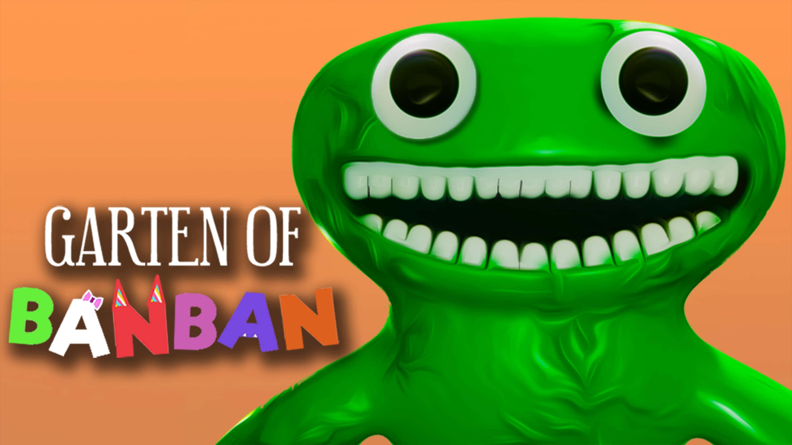 Garden Of Banban, glossy green cartoon monster, huge white eyes, 2K Desktop Wallpaper