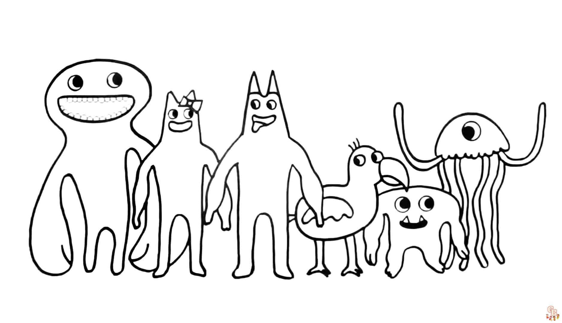 Garden Of Banban, black and white line drawing, six cartoon monsters, HD Desktop Wallpaper
