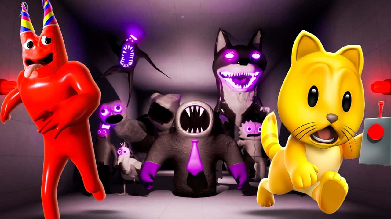 Garden Of Banban, red party-hatted character, yellow cartoon cat, HD Desktop Wallpaper