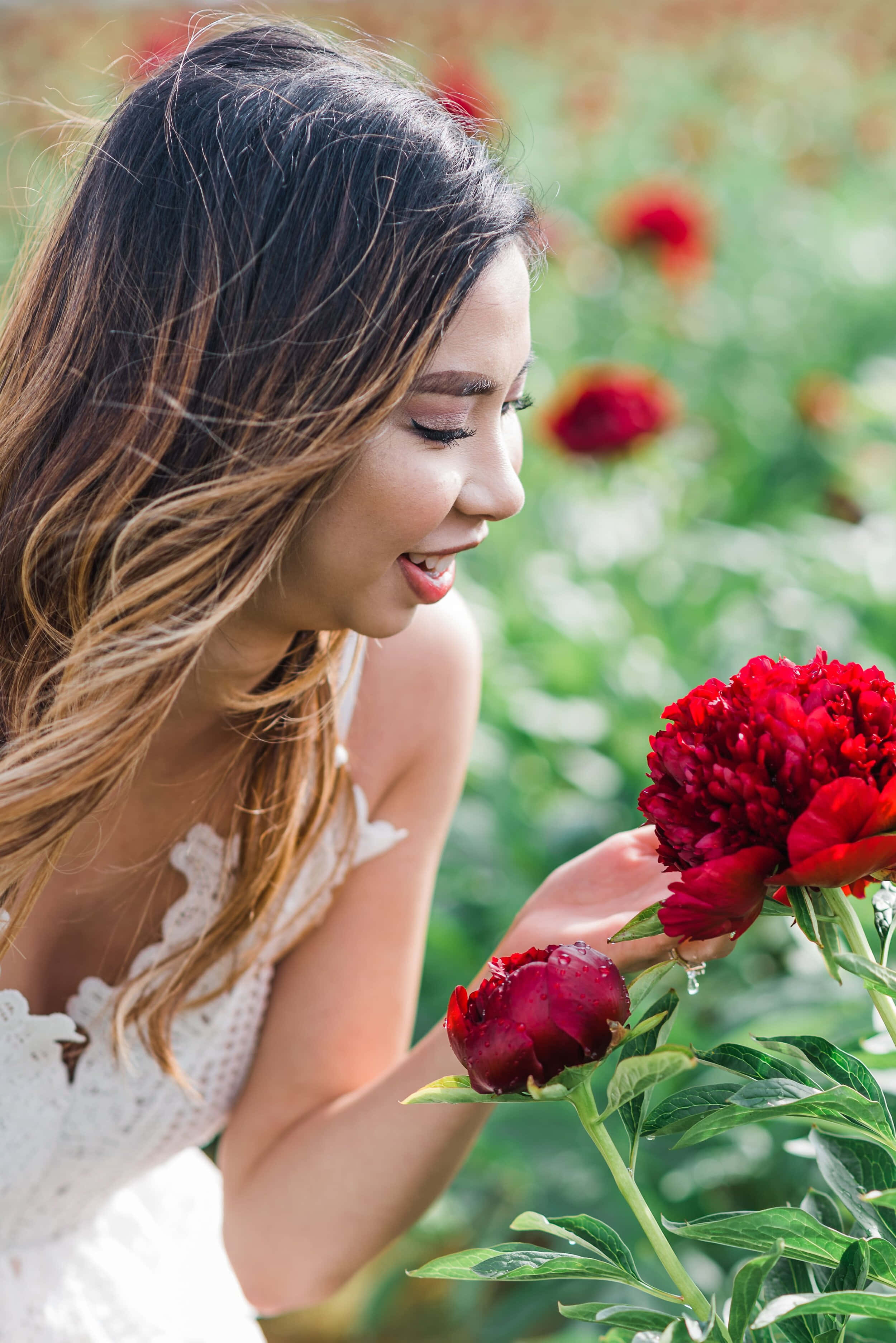 garden, white dress, vibrant red peony, 2K Phone Wallpaper