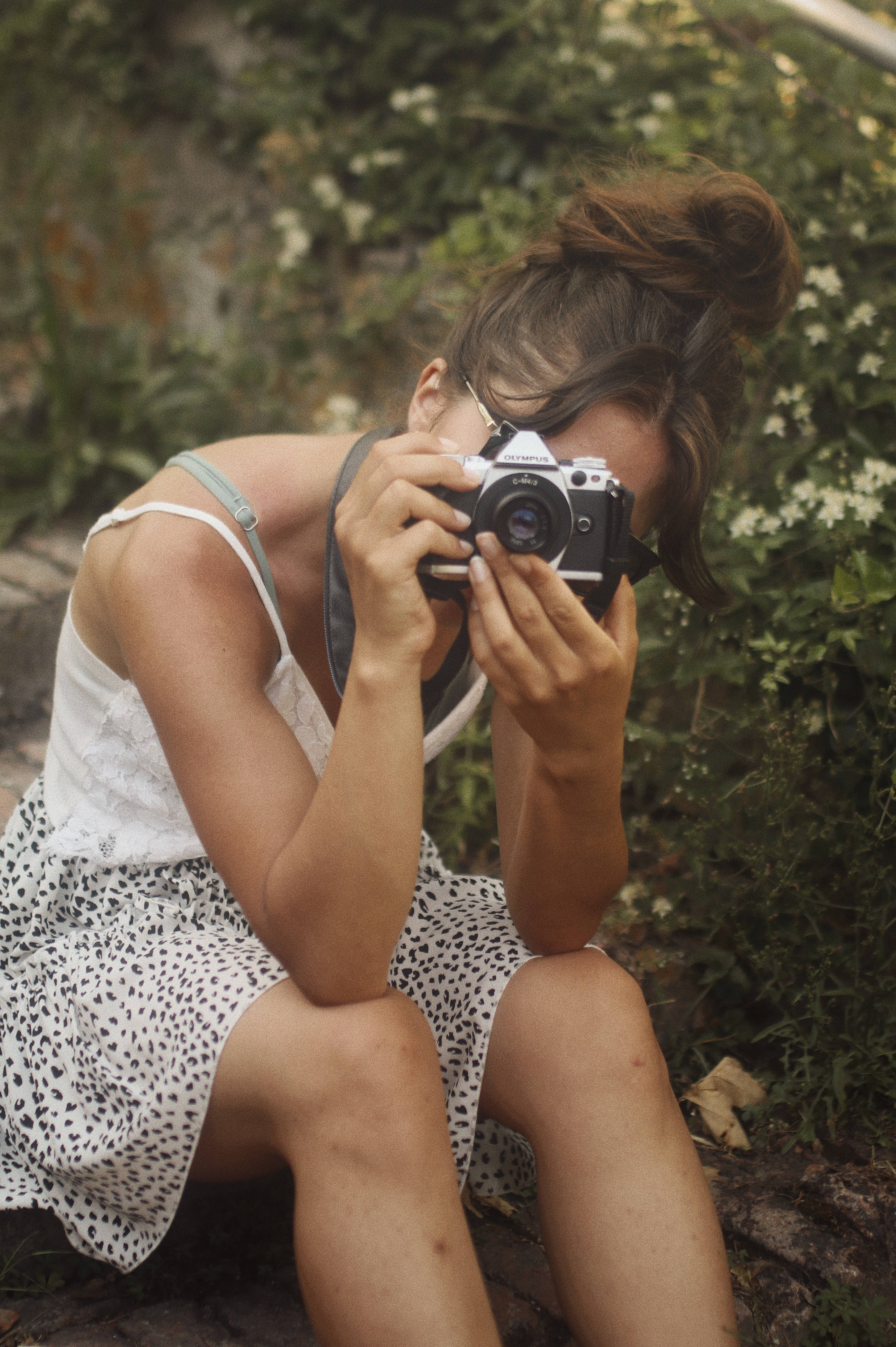 white patterned dress, vintage camera, greenery, 4K Phone Wallpaper