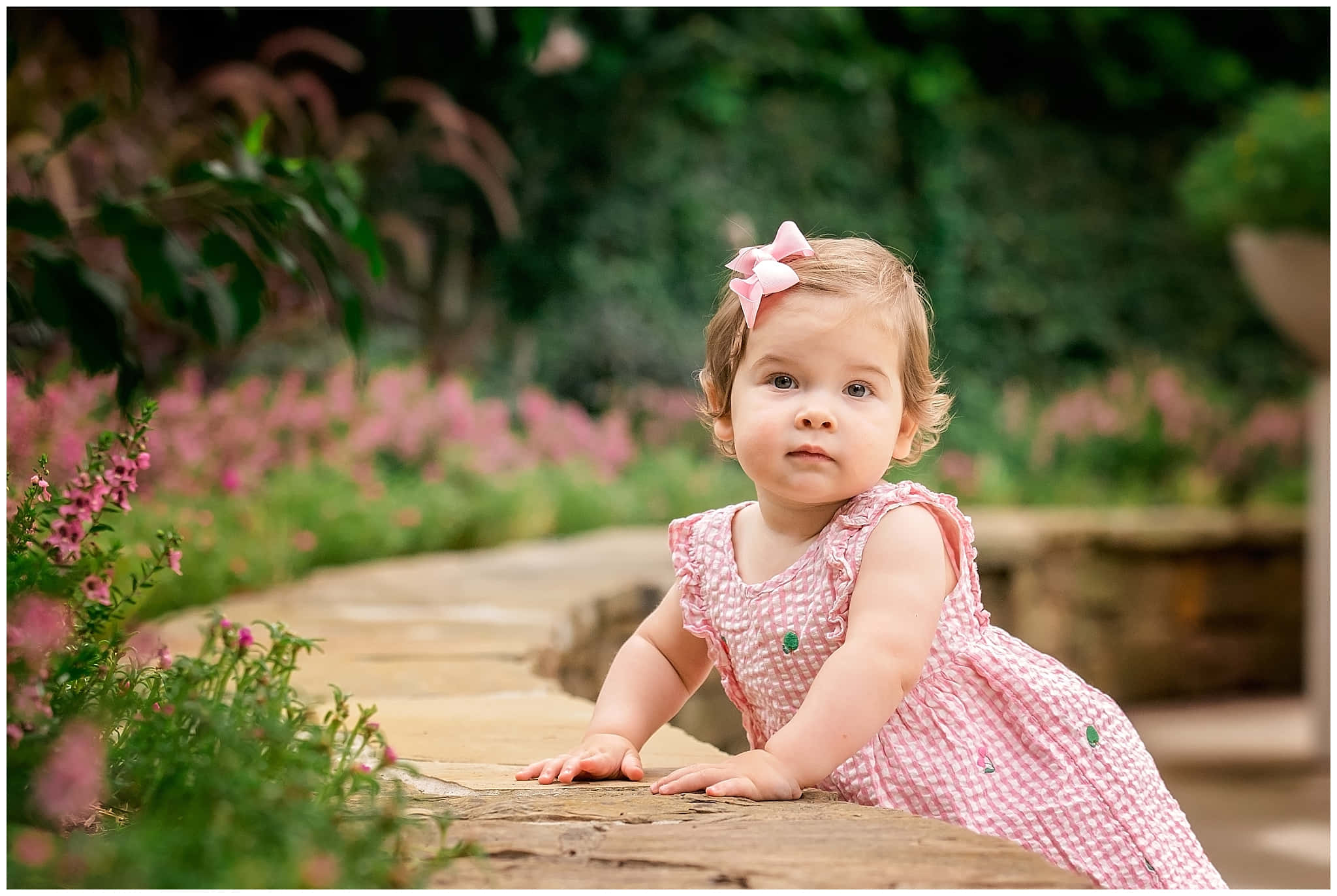 Garden Photography, pink gingham dress, matching bow, Full HD Desktop Wallpaper
