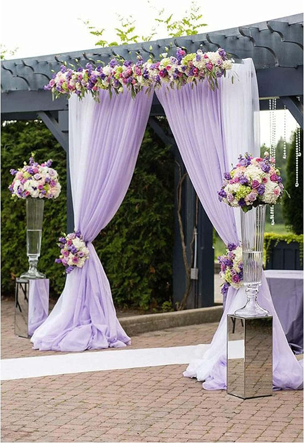 garden wedding, lavender draped wedding arch, purple white and green floral arrangements, HD Phone Wallpaper