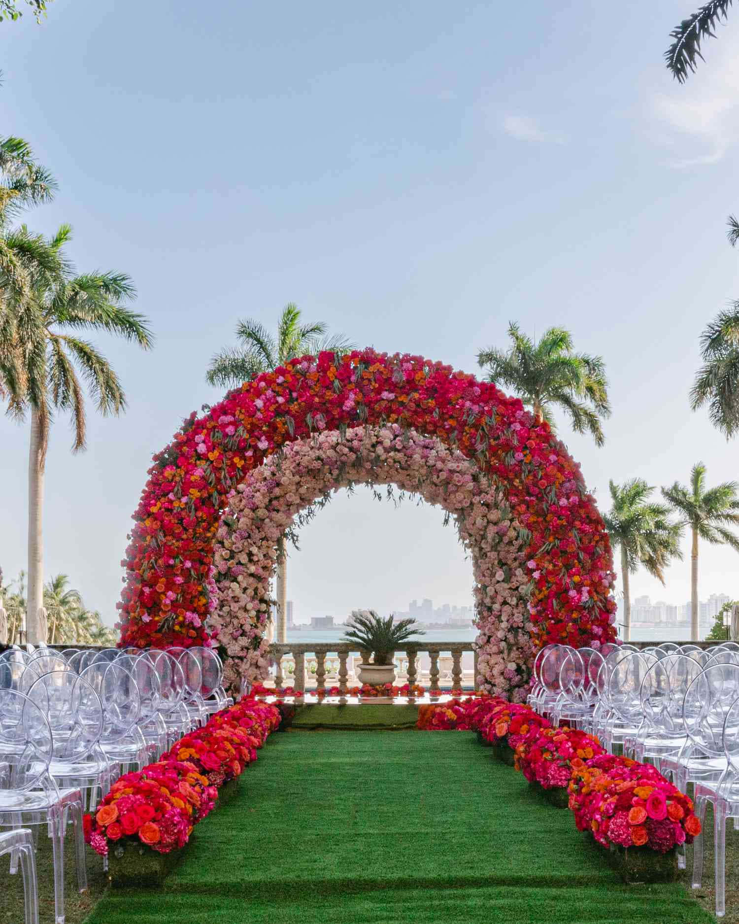 Garden Wedding, floral archway, pink red and orange blooms, HD Phone Wallpaper