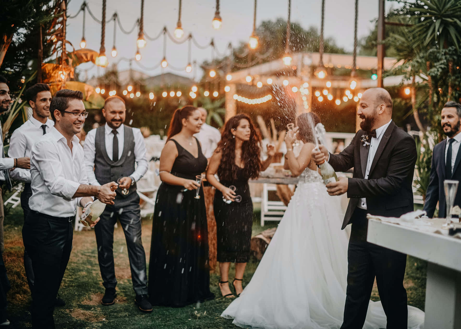 garden wedding, champagne, string lights, Full HD Desktop Wallpaper
