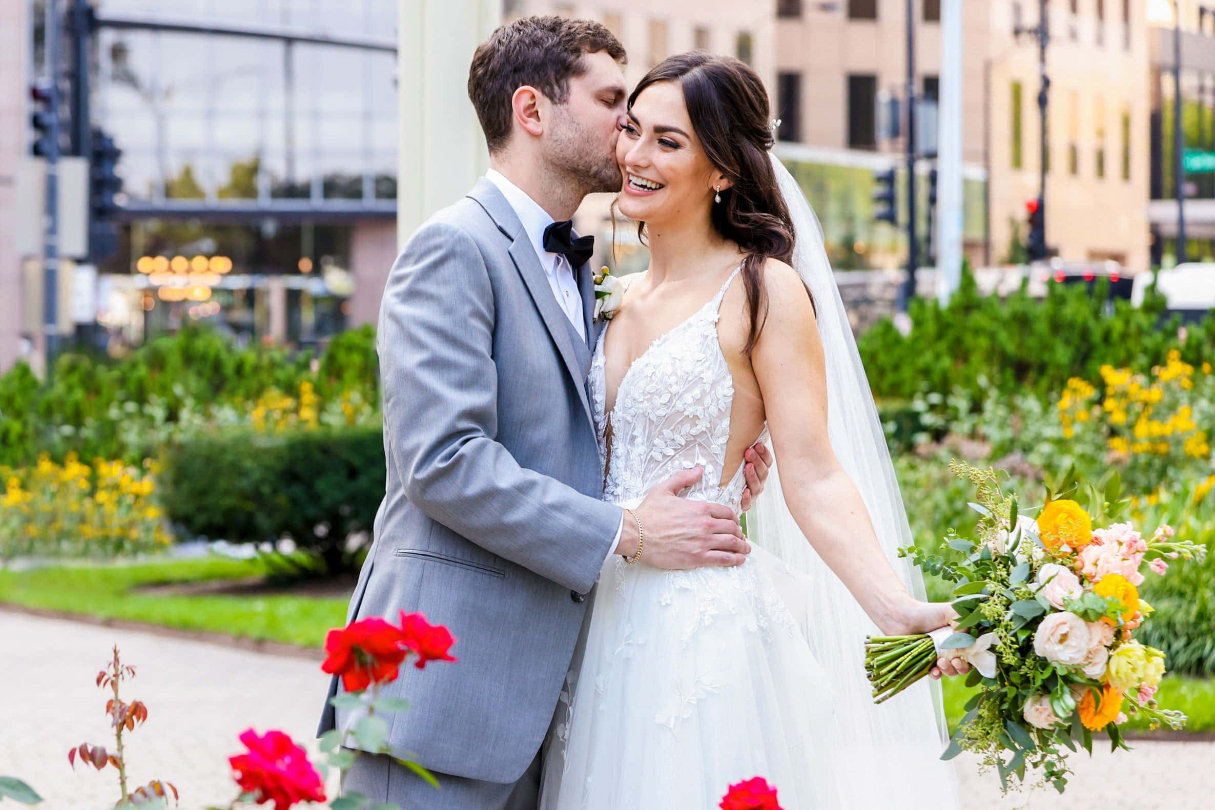 Garden Wedding, sunlit urban garden, vibrant flowers, Full HD Desktop Wallpaper