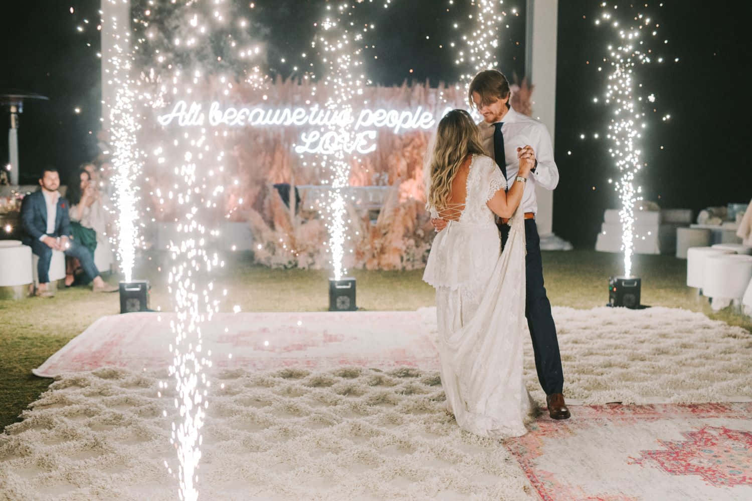 Garden Wedding, nighttime outdoor wedding, glowing neon sign, HD Desktop Wallpaper