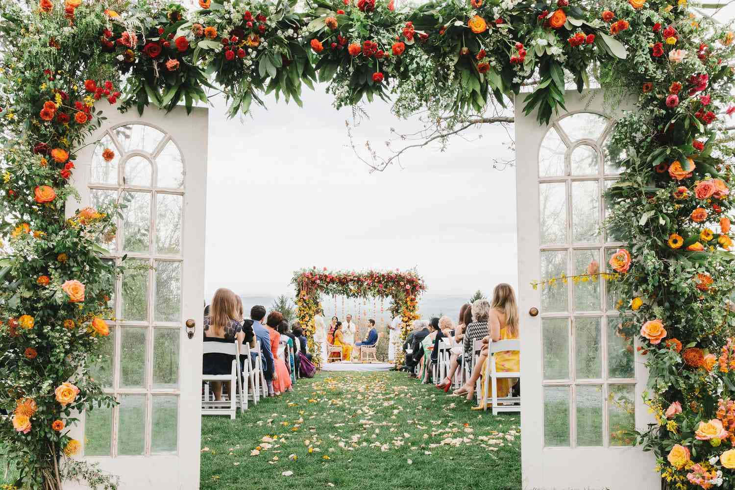 garden wedding, white French doors, orange floral arrangements, HD Desktop Wallpaper