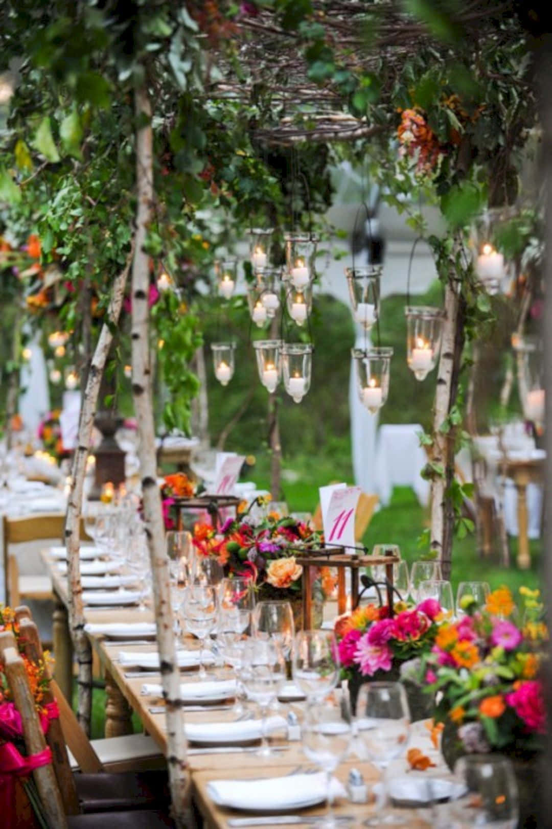 garden wedding, long wooden table, leafy arbor, HD Phone Wallpaper