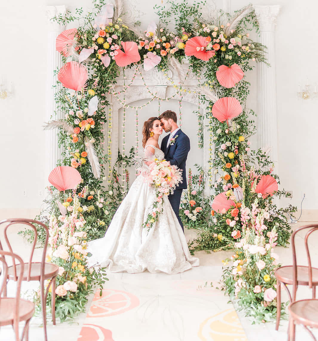 garden wedding, floral arch, pink paper fans, SD Phone Wallpaper
