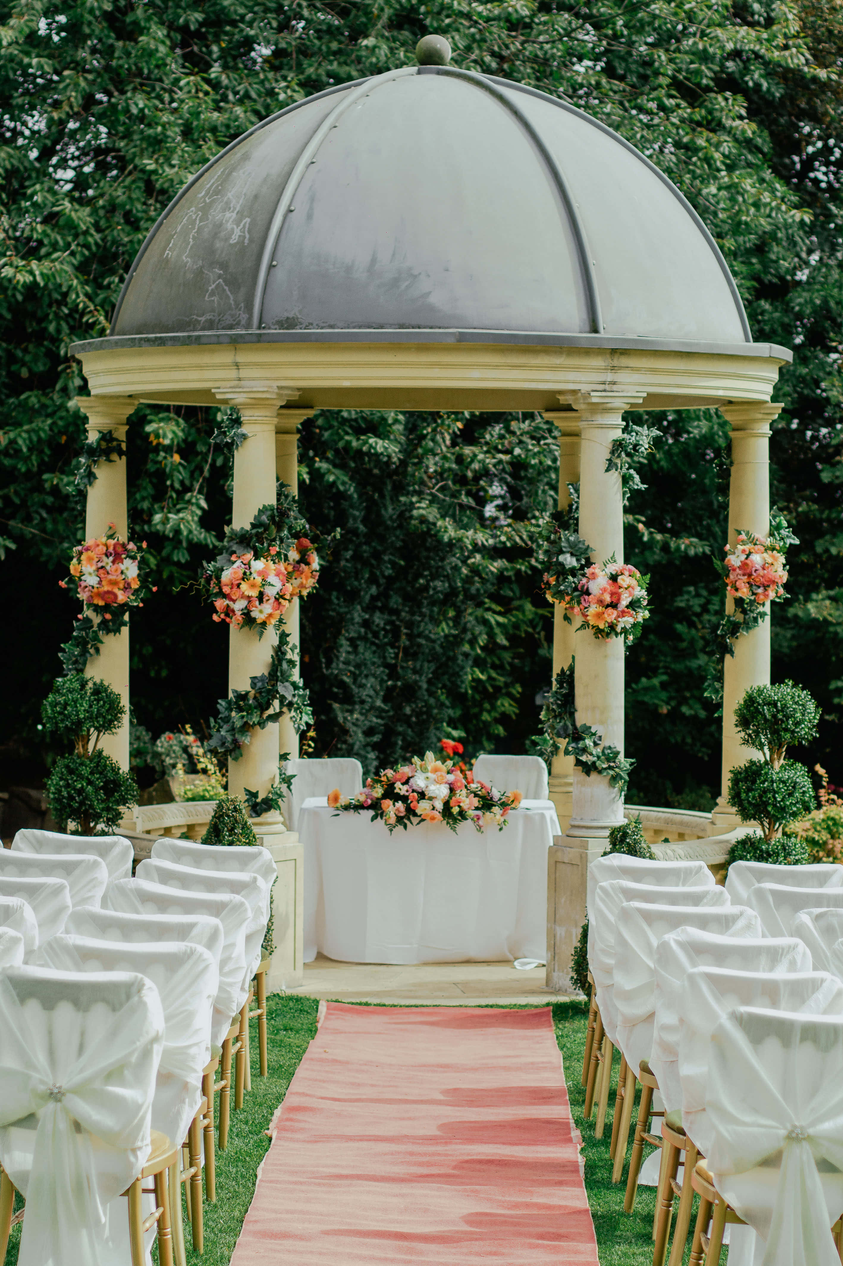garden wedding, pink aisle, white draped chairs, 4K Phone Wallpaper