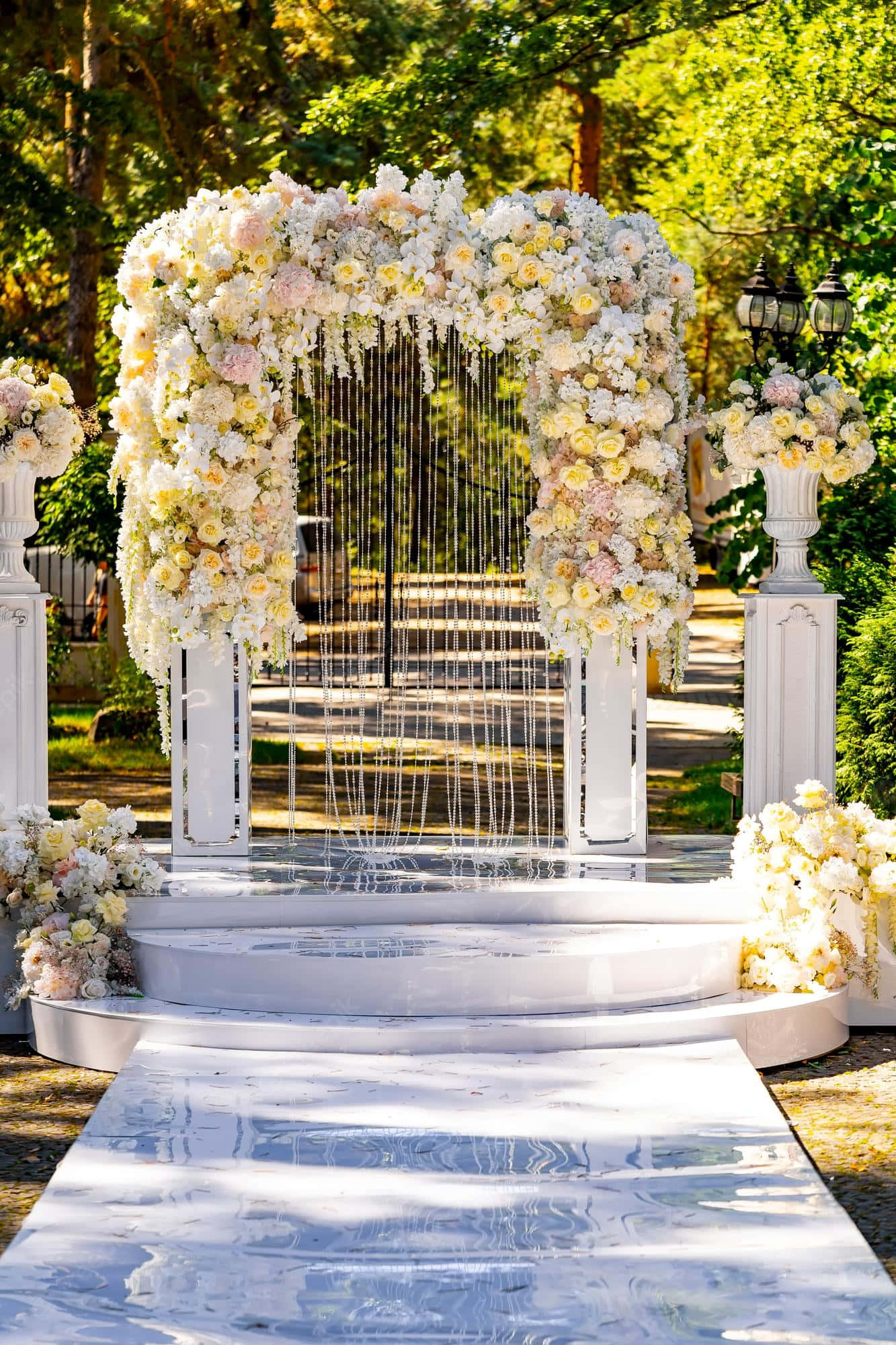 garden wedding, white floral arch, cascading blooms, Full HD Phone Wallpaper