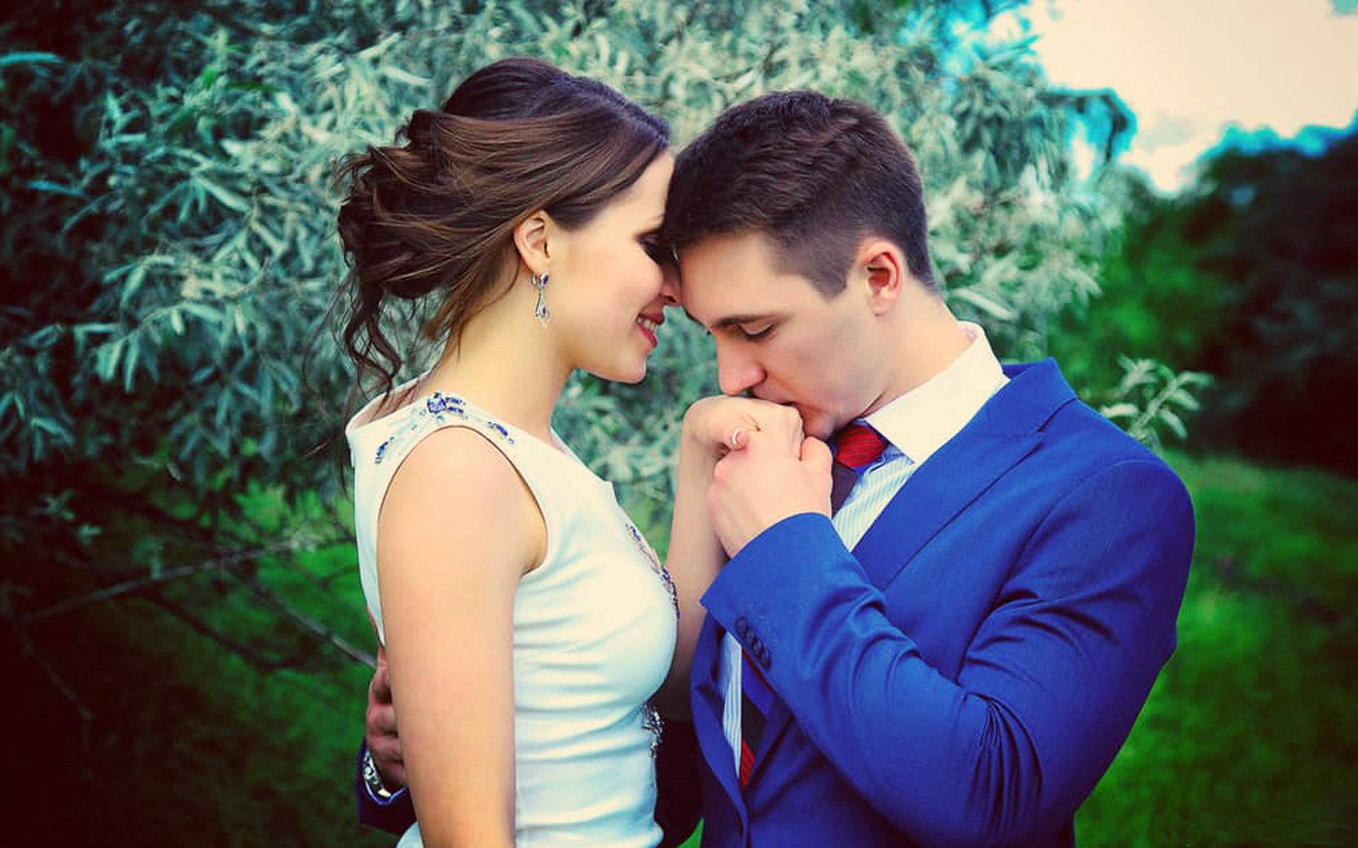 couple, blue garden, formal attire, Full HD Desktop Wallpaper
