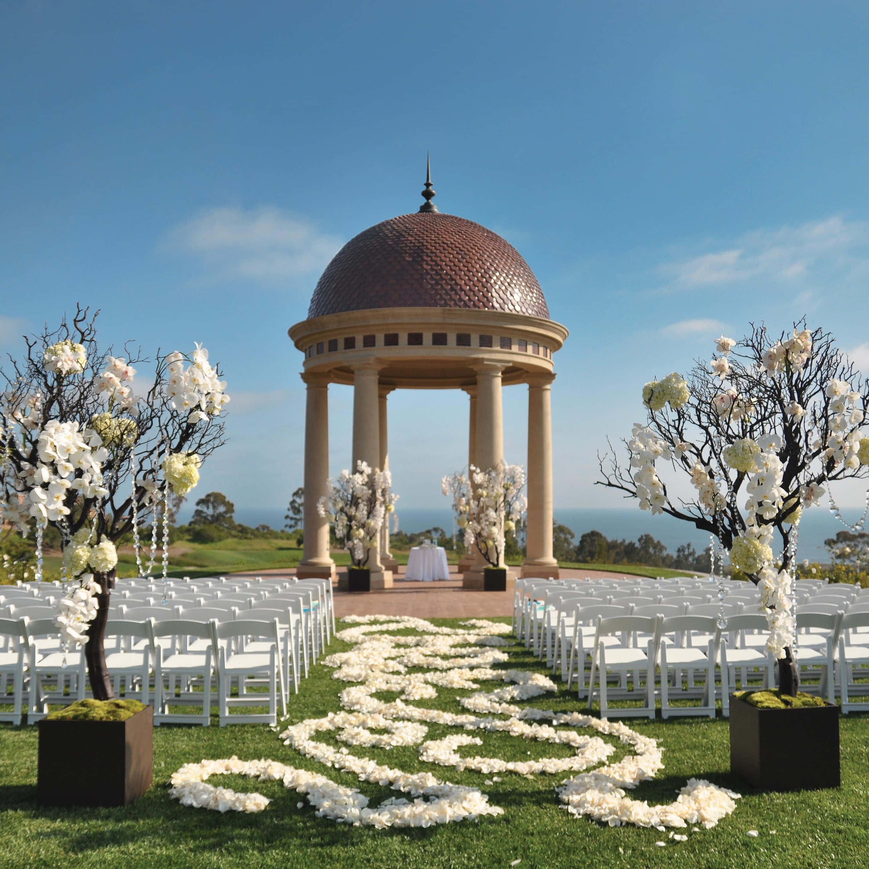 garden wedding, domed gazebo, white chairs, 2K Desktop Wallpaper