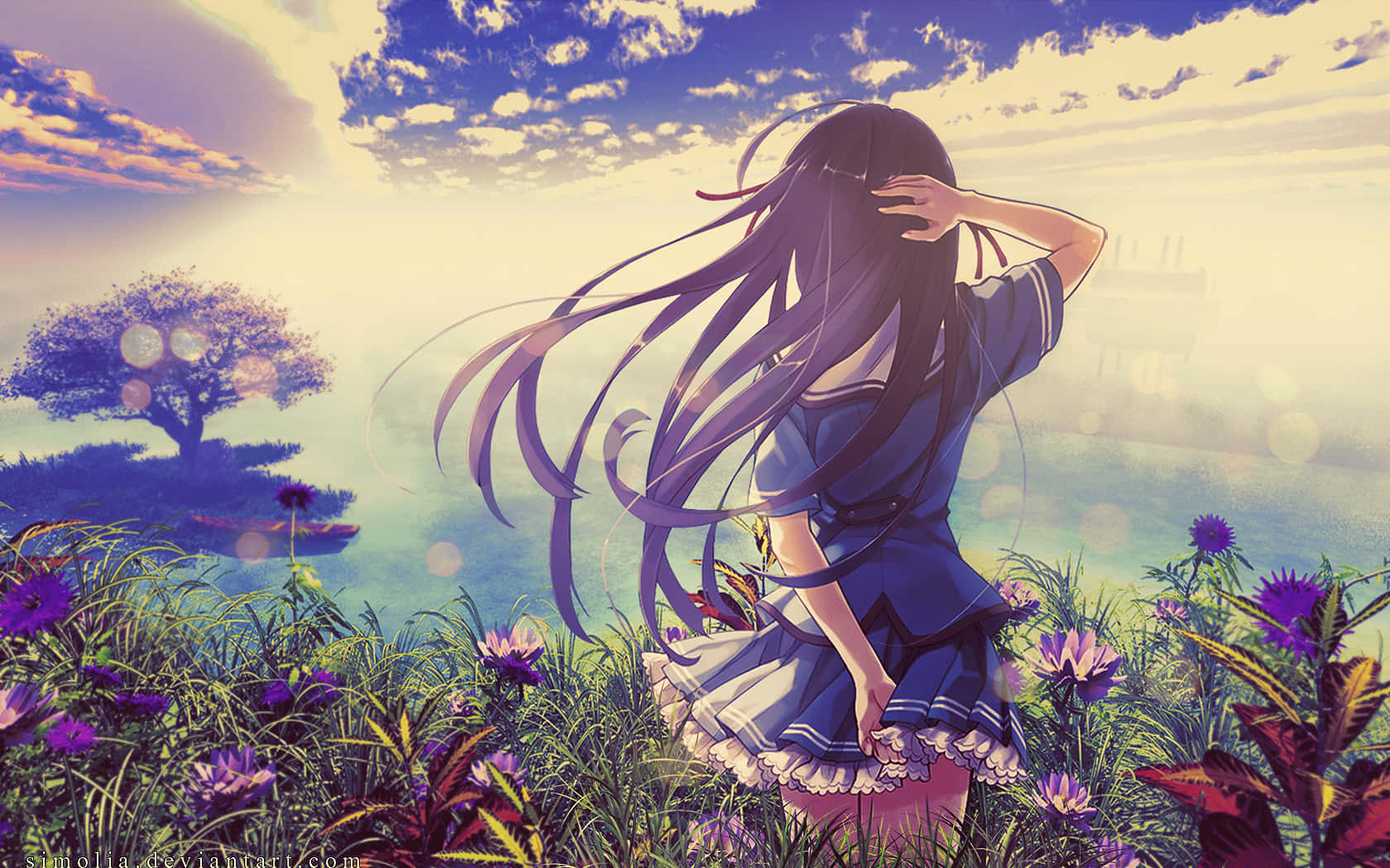 Anime Garden Girl, purple flowers, vibrant sunset sky, HD Desktop Wallpaper