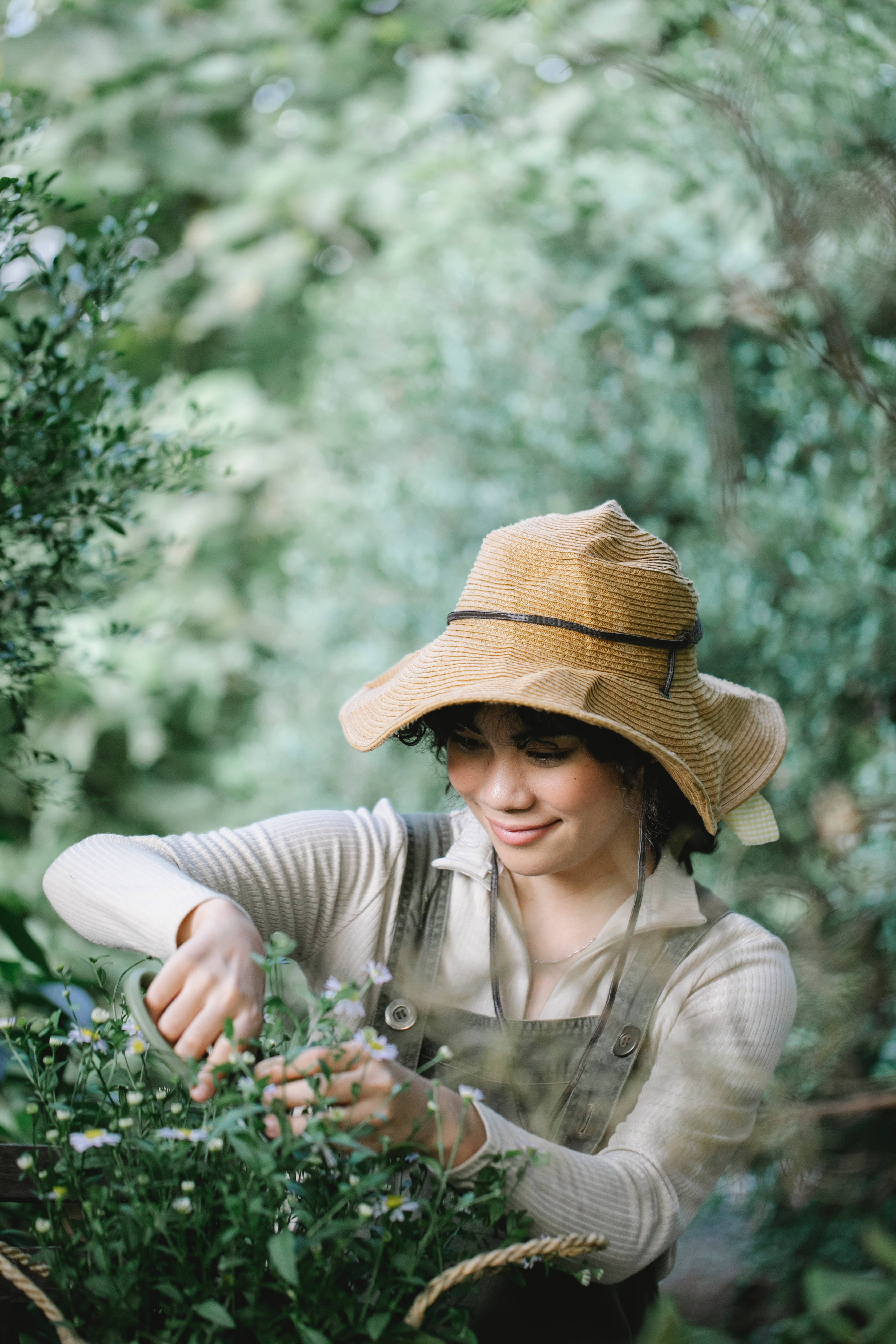 straw hat, delicate white flowers, lush green bush, 4K Phone Wallpaper
