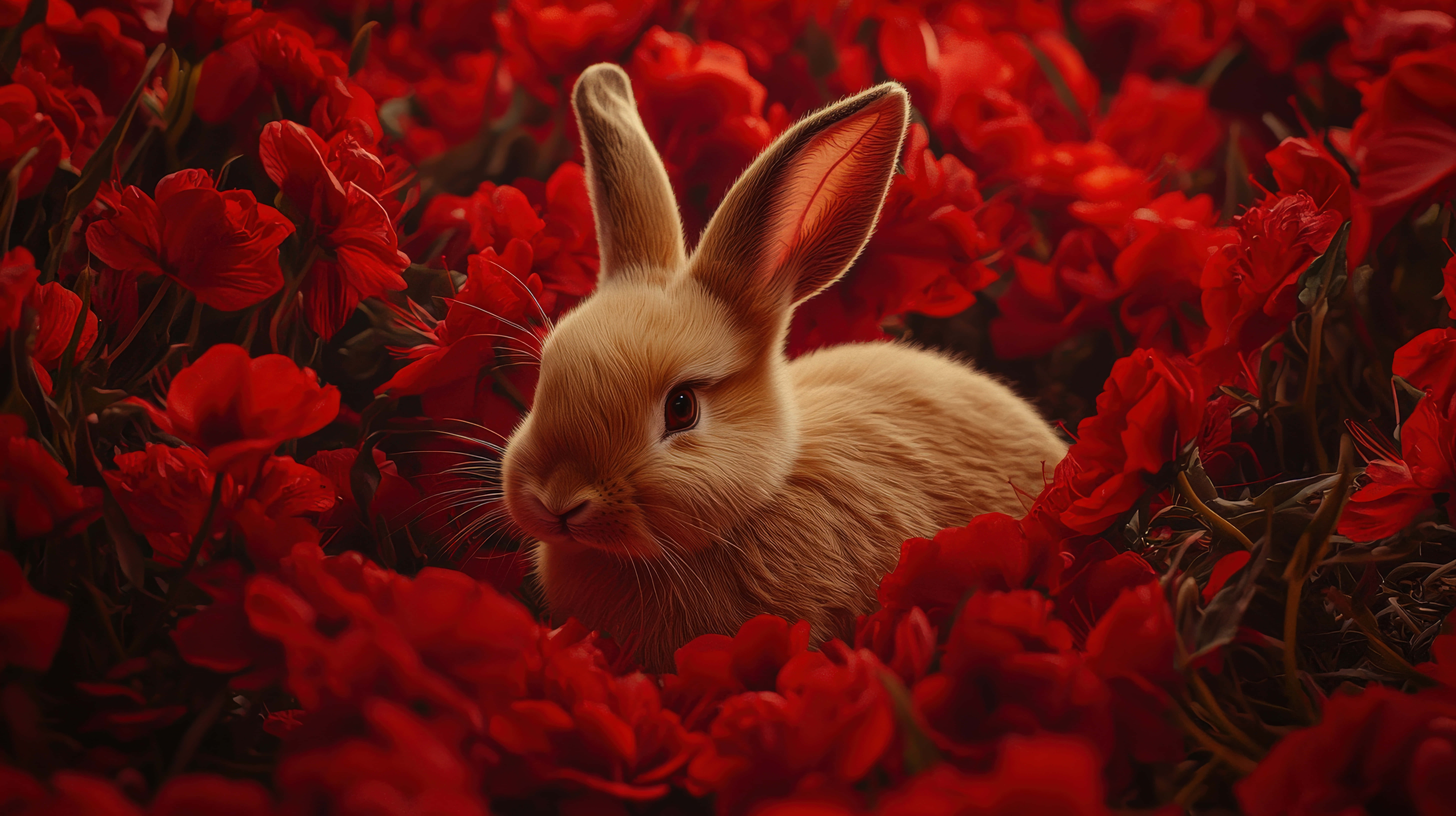 fluffy bunny, vibrant red poppies, lush floral field, 8K Desktop Wallpaper