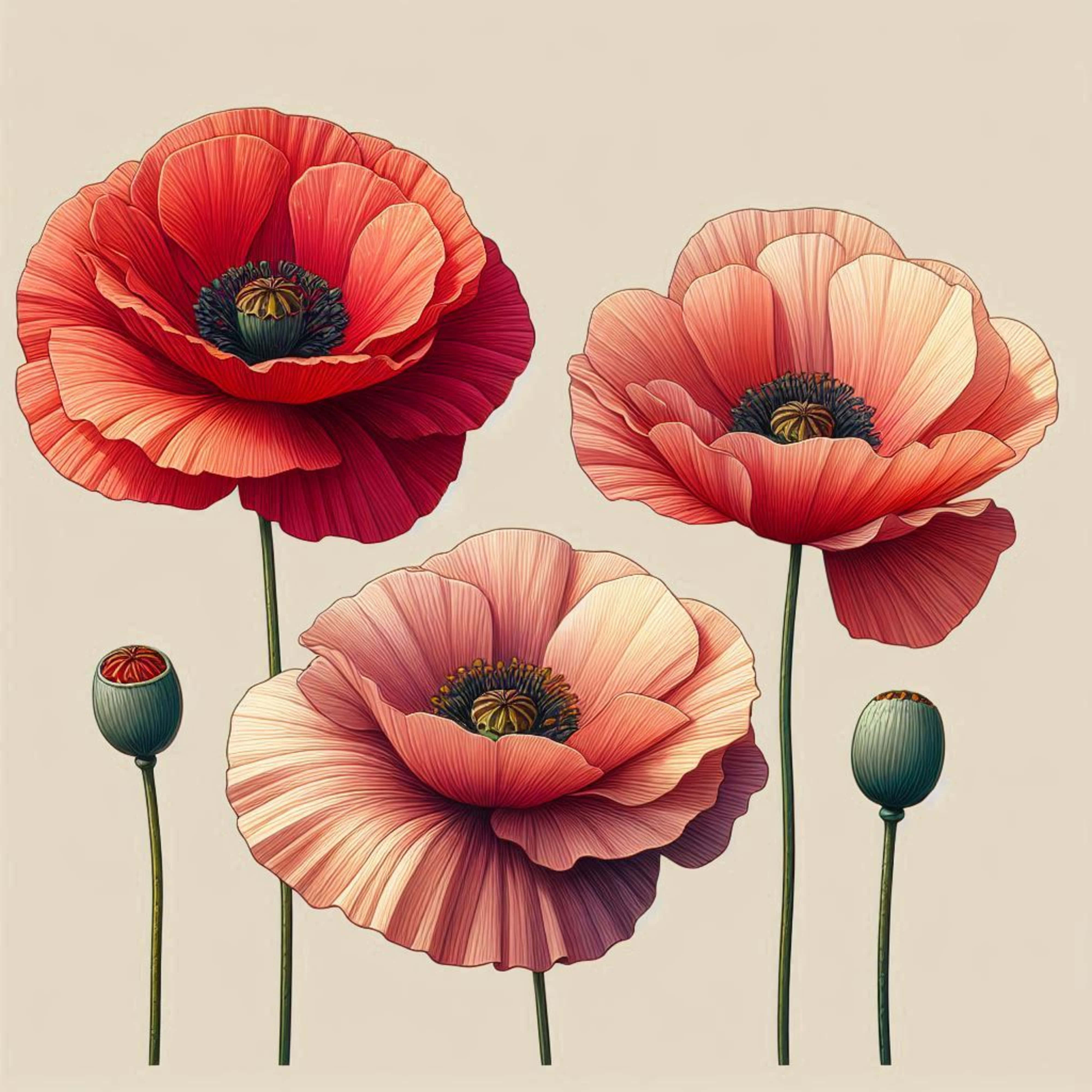 poppy flowers, red pink and peach bloom, dark centers, 4K Desktop Wallpaper
