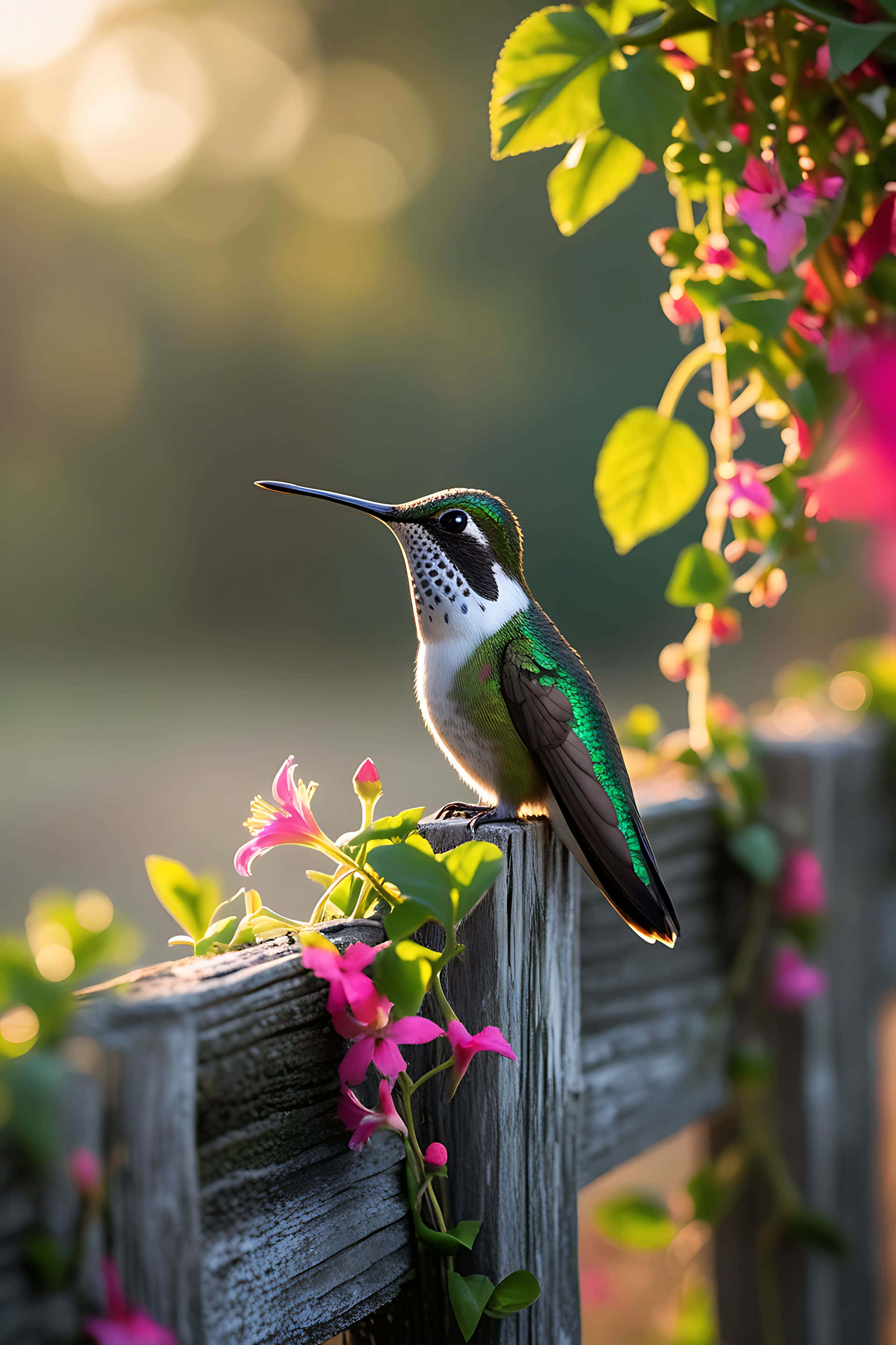 hummingbird, wooden fence, pink flowers, 2K Phone Wallpaper